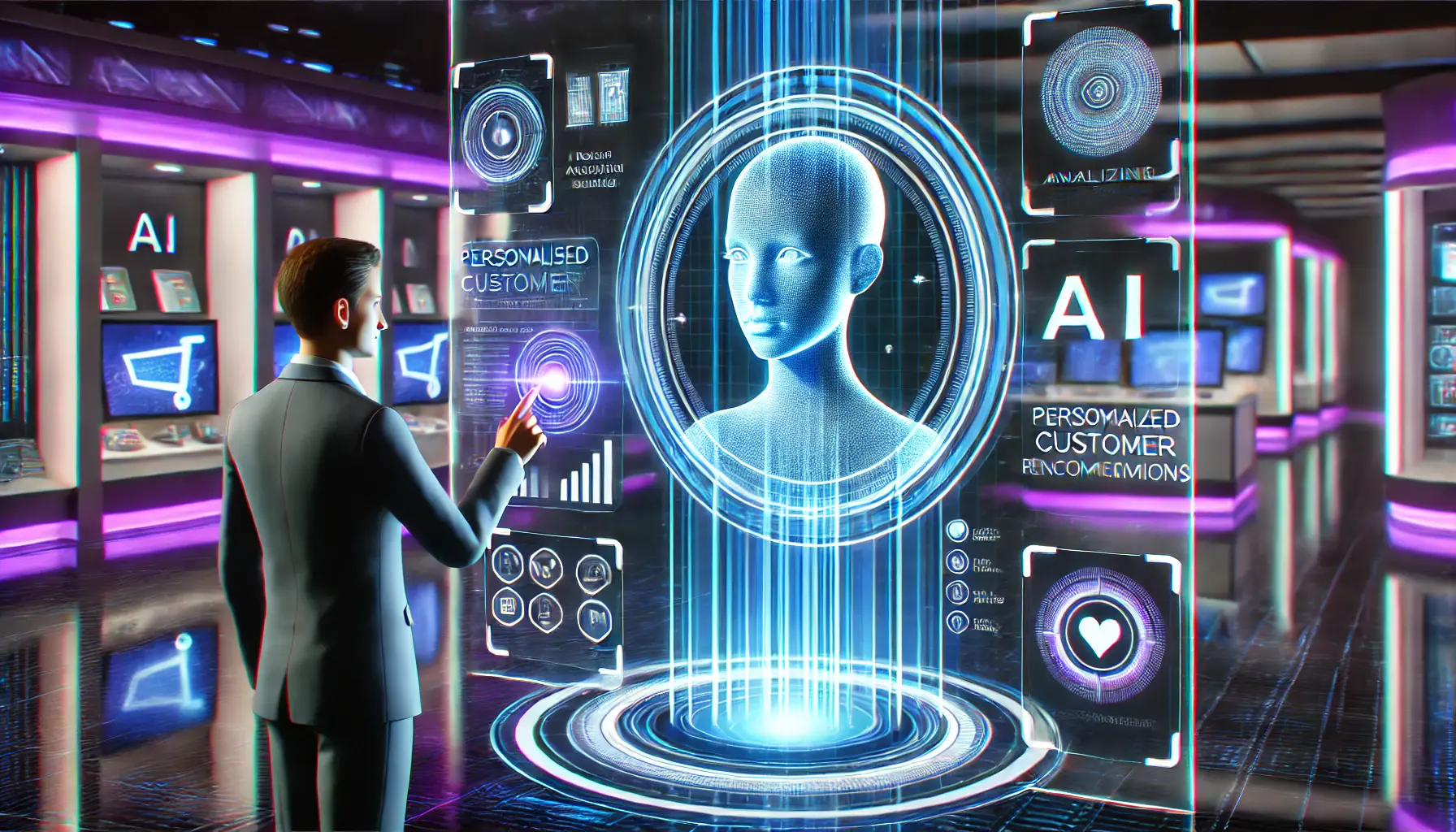 A digital assistant interacting with a customer through a holographic interface, analyzing preferences, and offering tailored recommendations.