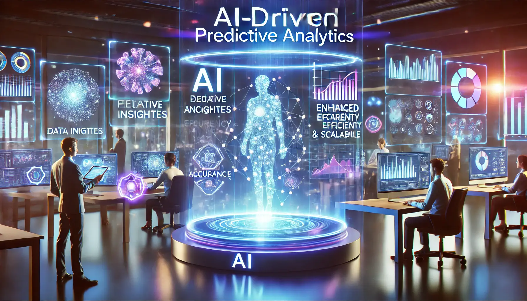 A futuristic AI-powered workspace featuring a holographic interface displaying data insights, graphs, and predictive analytics in a high-tech environment.