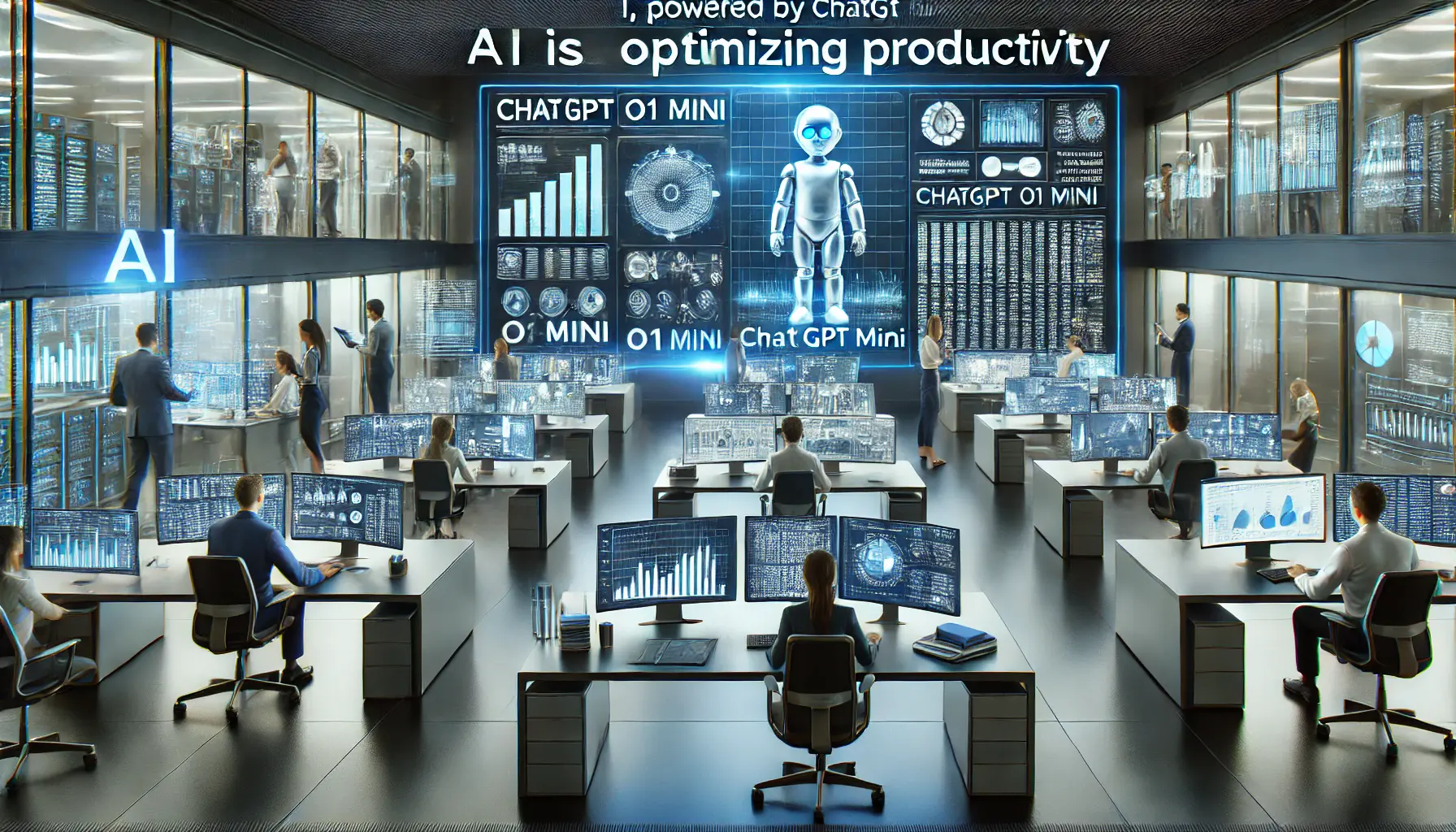 Automating Business Processes with ChatGPT o1 Mini 11 A modern financial office where professionals use AI-powered systems to analyze market trends, detect anomalies, and automate customer inquiries.
