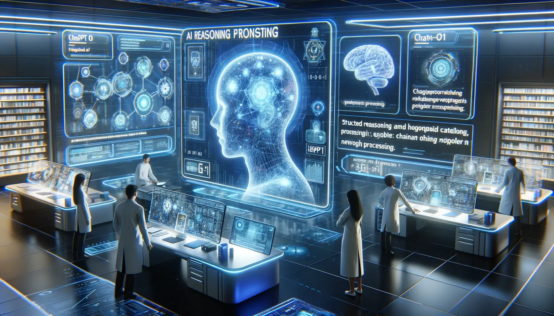 A futuristic AI research lab where scientists analyze logic processing, problem-solving pathways, and neural network simulations on holographic screens.