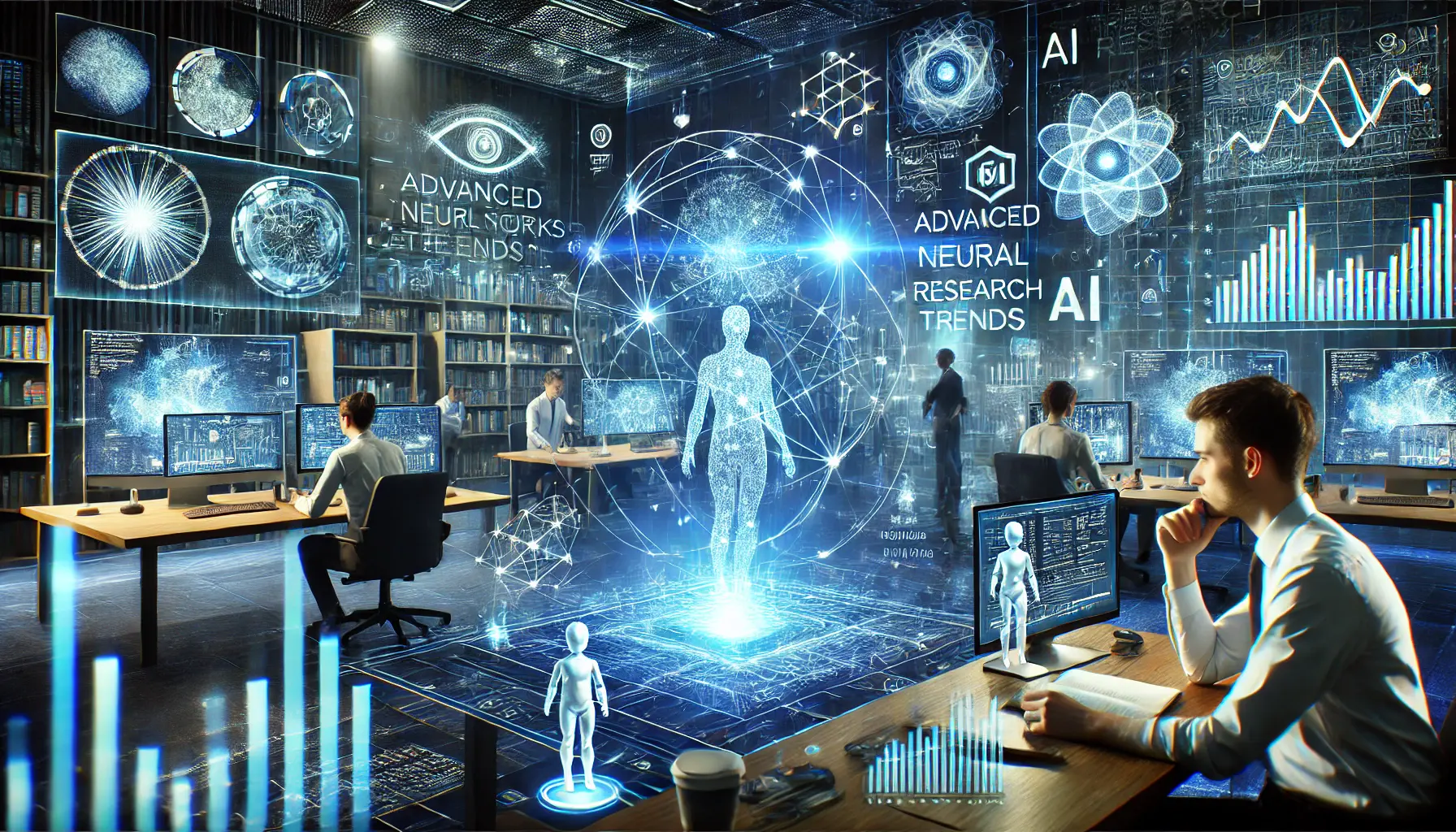 A dynamic AI research lab where neural networks analyze data, with glowing data streams and mathematical models representing the influence of AI research trends.