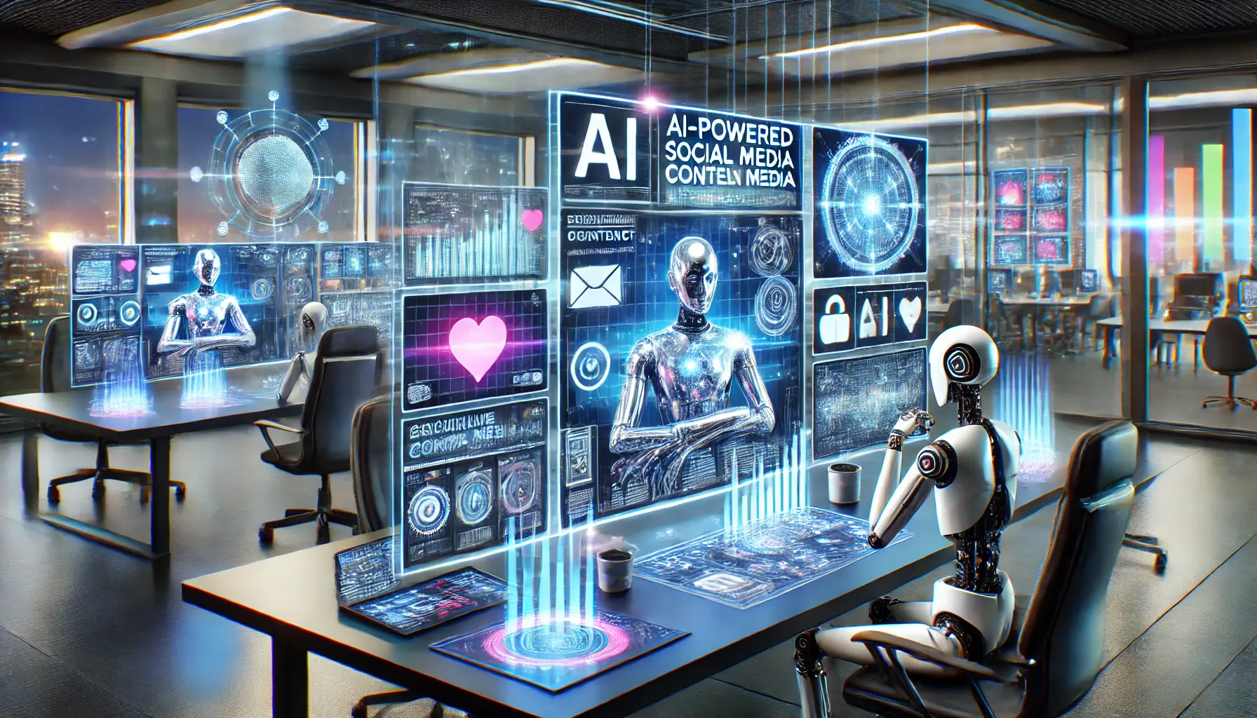 A futuristic AI-powered social media content creation studio with holographic screens displaying AI-generated posts, engagement analytics, and creative content suggestions.