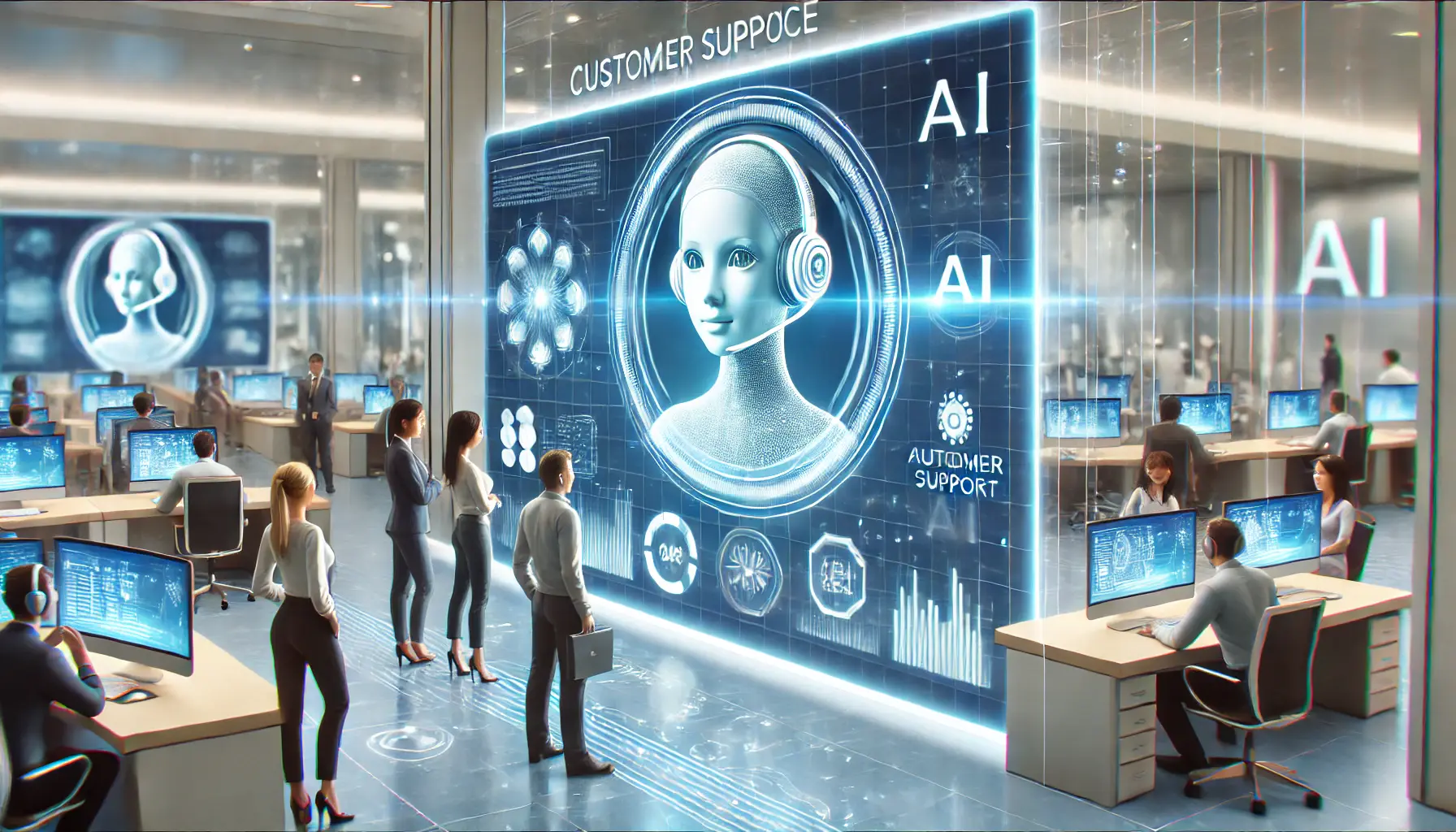 A high-tech customer service center with an AI-powered virtual assistant on a large screen assisting customers.