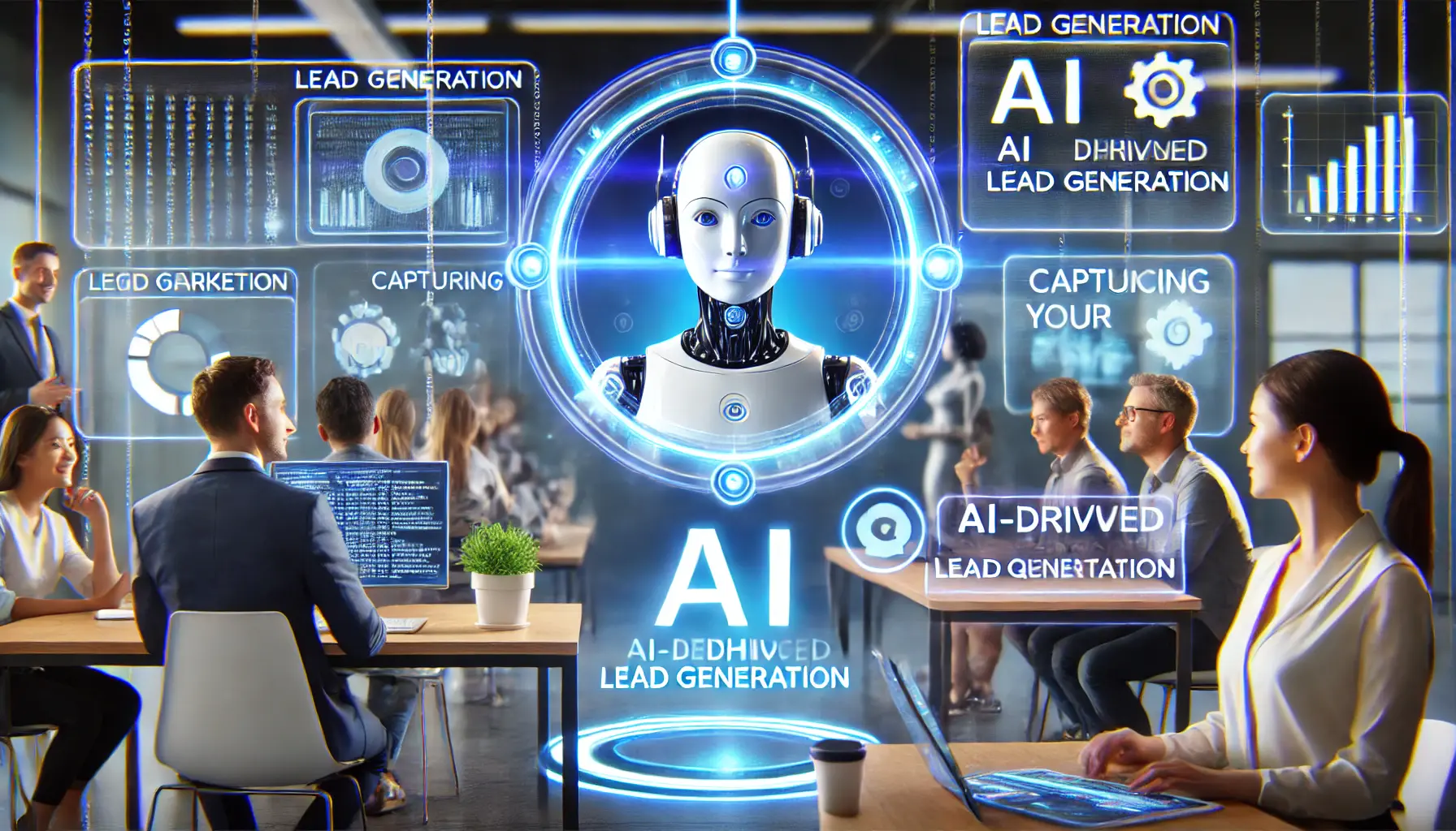 A digital assistant interacting with potential customers through holographic interfaces, guiding them through the lead qualification process.