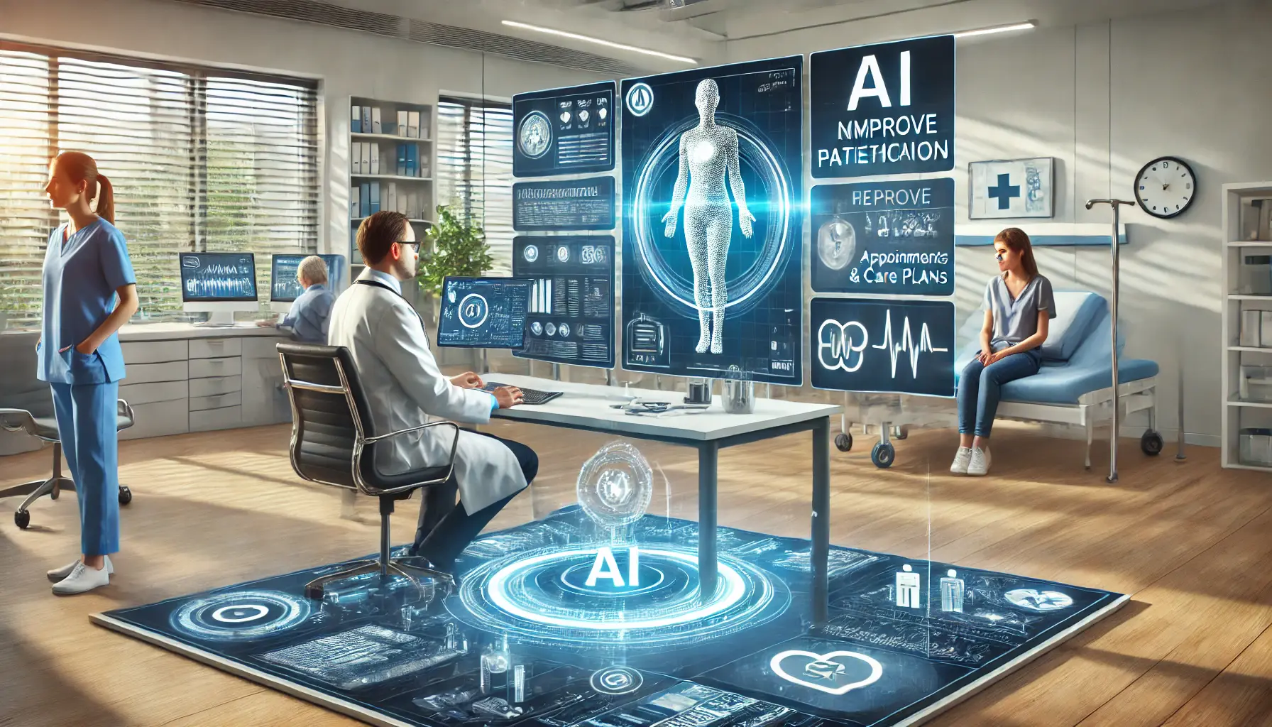 A healthcare professional using AI tools to provide personalized patient care and engagement in a modern healthcare setting.