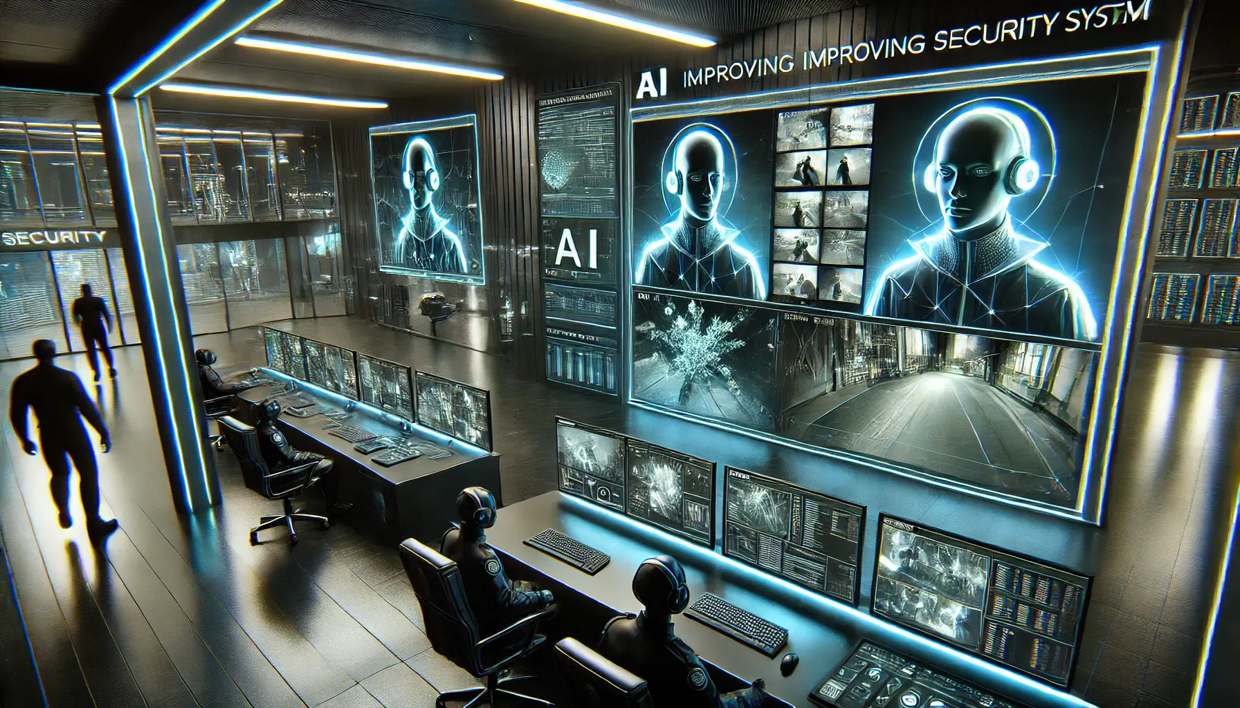 A high-tech surveillance room with AI-enhanced footage, identifying faces and suspicious activities in real-time.