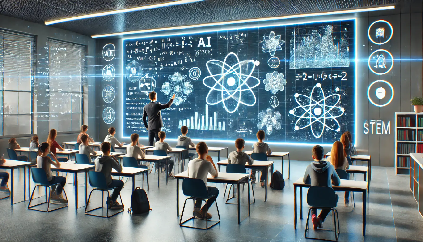 A futuristic classroom using AI tools to teach STEM subjects with holographic displays and interactive learning.