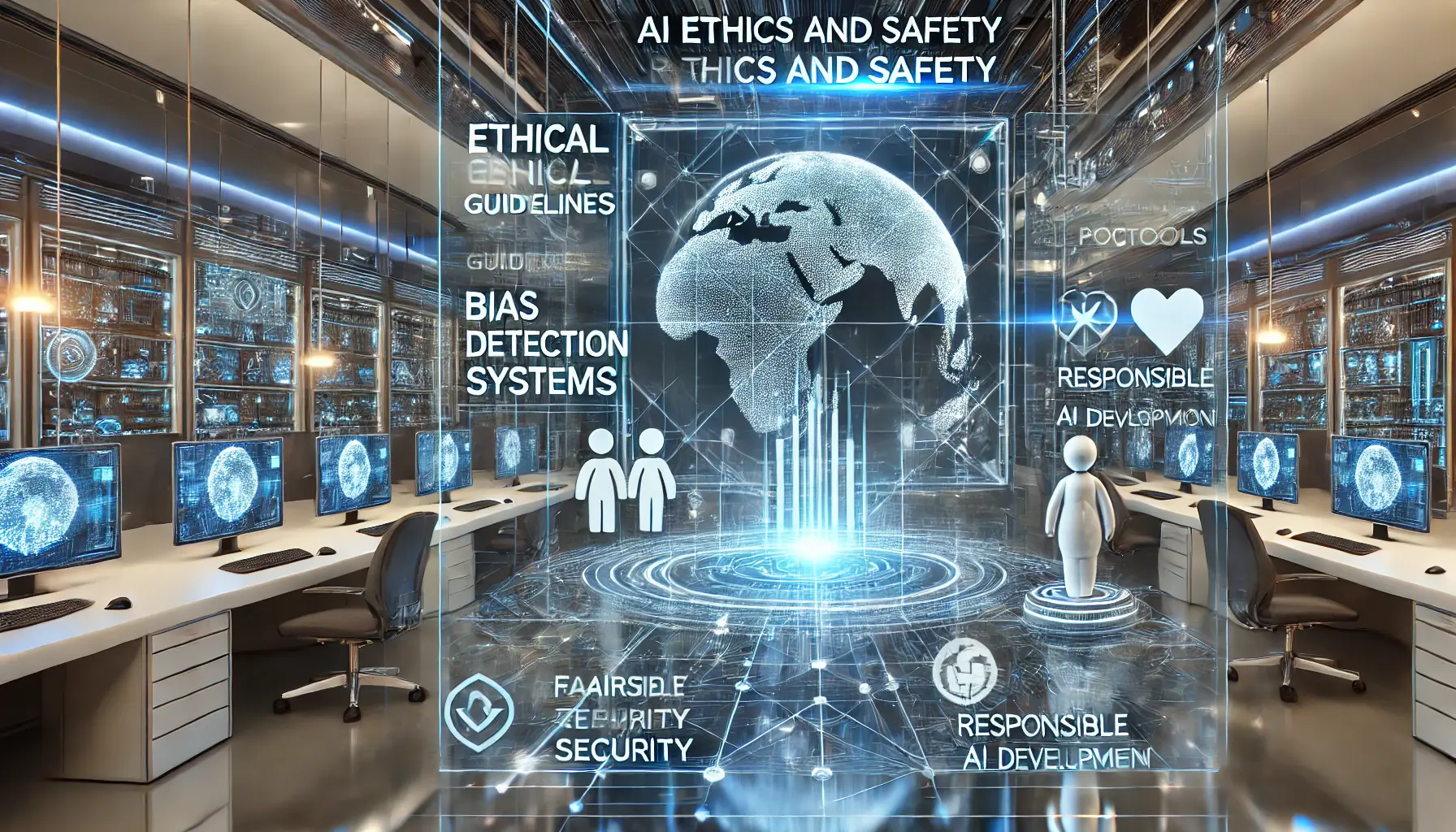 A high-tech AI ethics and safety research lab with scientists analyzing bias detection systems, security protocols, and responsible AI decision-making on futuristic holographic interfaces.