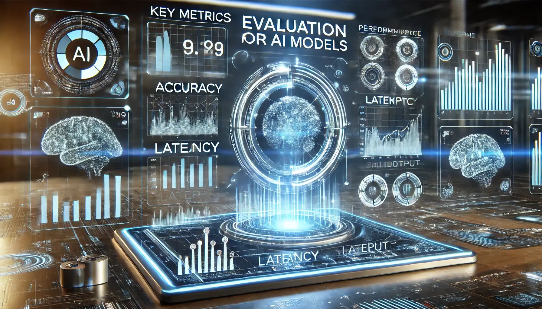 A futuristic digital dashboard displaying glowing charts and graphs representing AI model evaluation metrics such as accuracy, latency, and throughput.