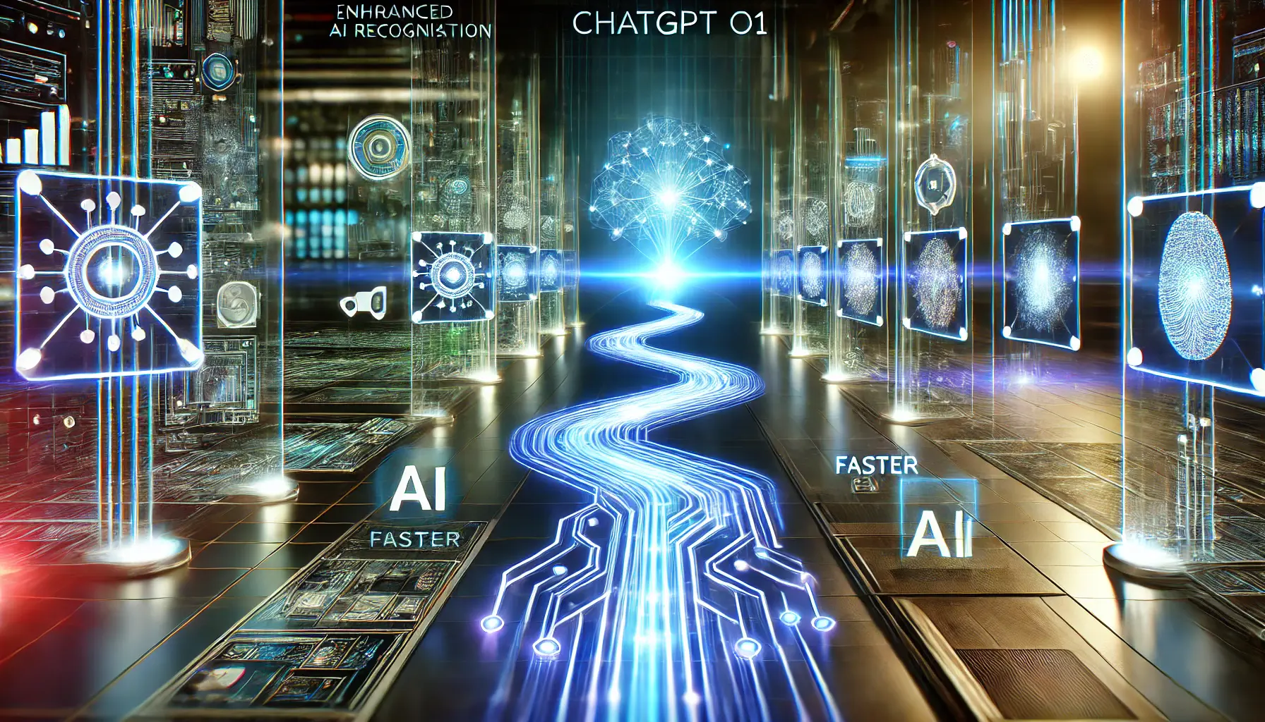 A futuristic AI progression timeline with multiple evolving AI systems leading to an advanced neural network.