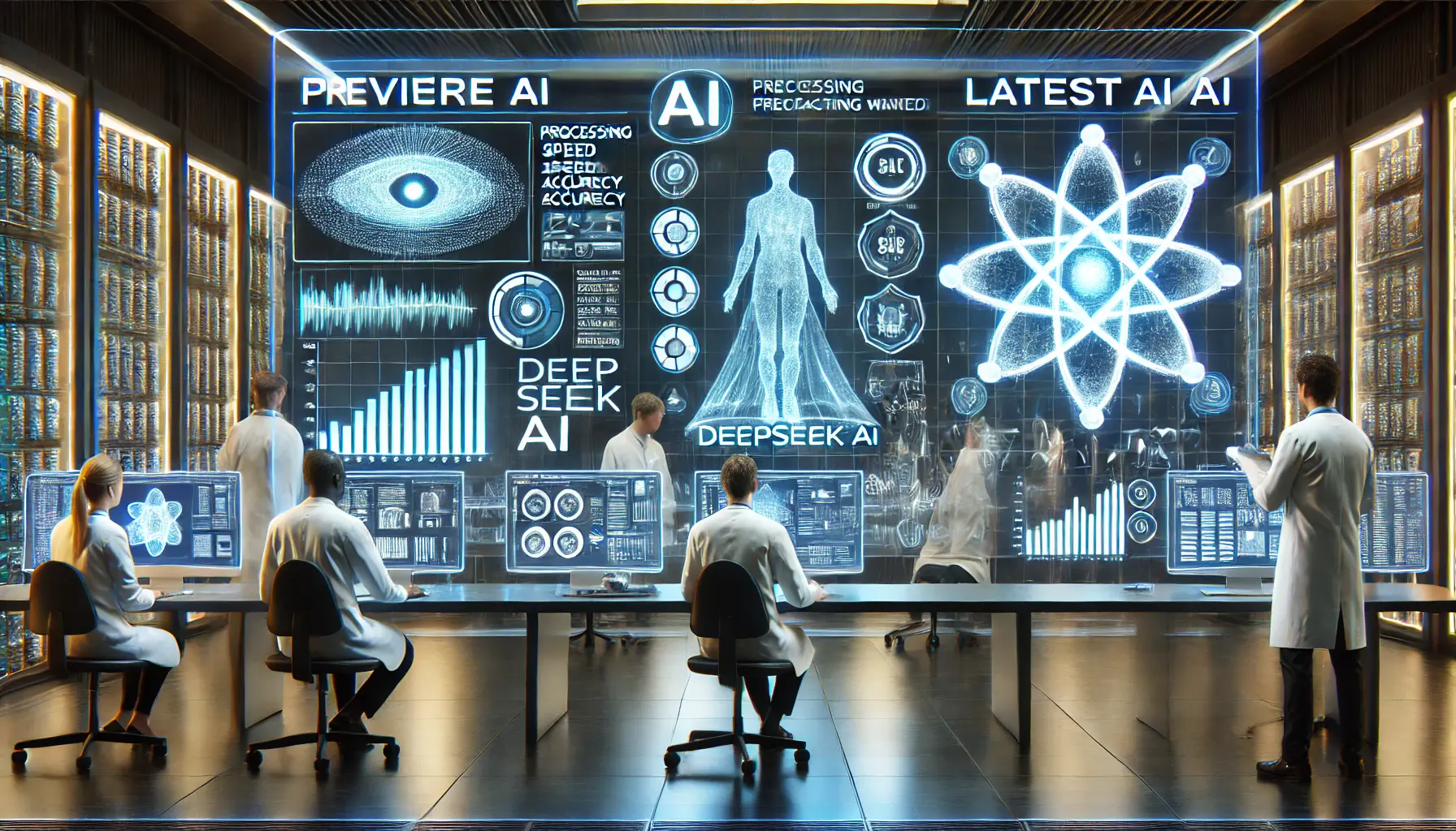 A futuristic AI lab with holographic screens displaying a side-by-side comparison of previous and latest AI models, highlighting performance improvements.