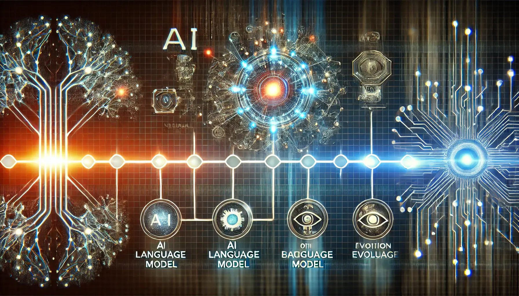 A futuristic digital timeline with glowing milestones representing key breakthroughs in AI language model development.