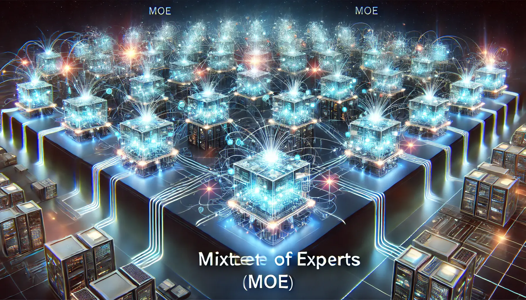 A futuristic visualization of multiple AI nodes interconnected by glowing pathways, representing Mixture of Experts (MoE) architecture.