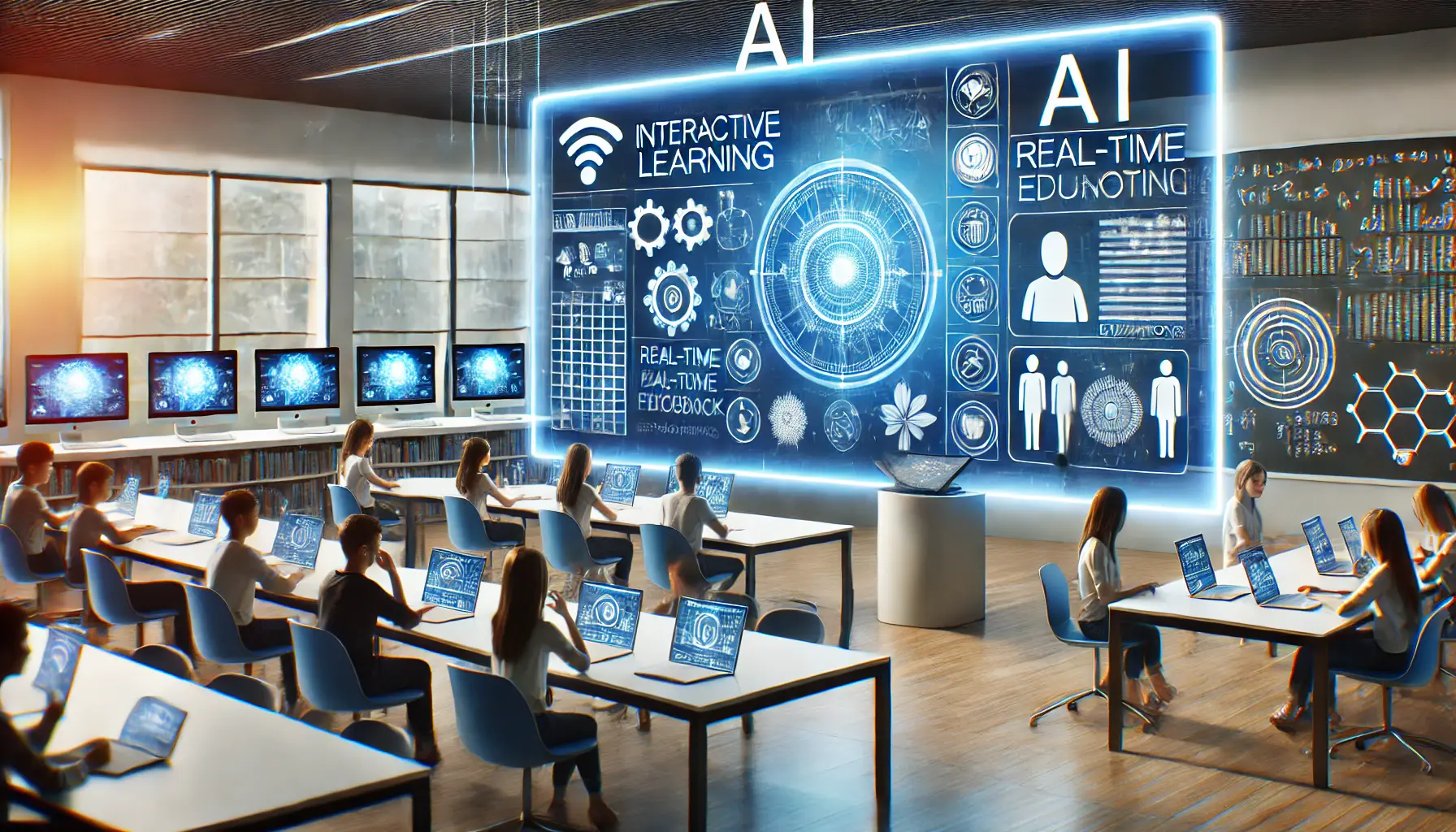 A futuristic classroom with students interacting with AI-powered educational displays for real-time feedback.