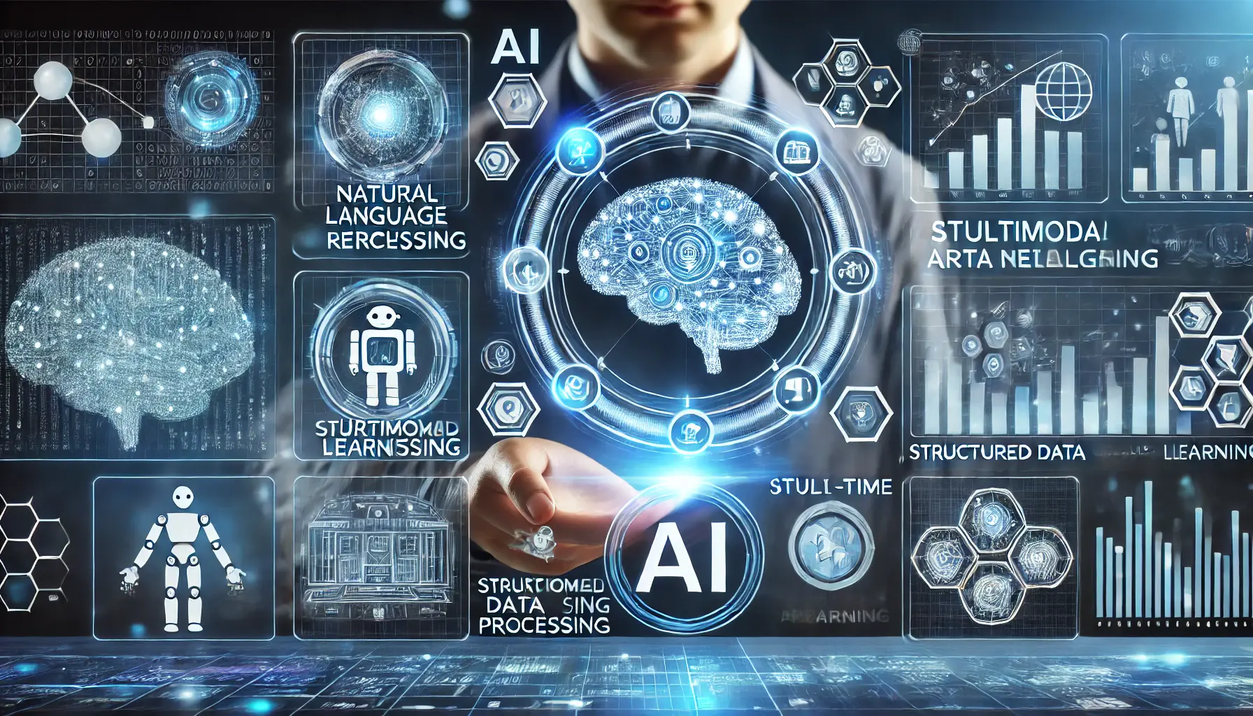 A futuristic AI interface with a holographic dashboard showcasing AI capabilities, including natural language processing, multimodal learning, and real-time interactions. A scientist analyzes the AI model’s performance, with an illuminated digital brain in the background.