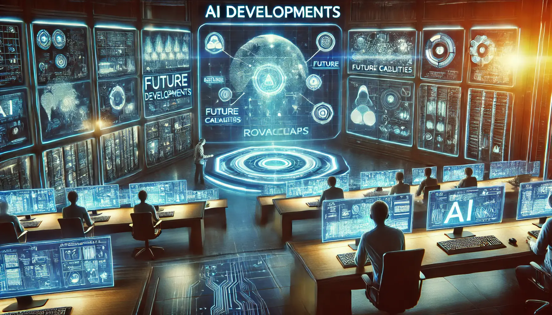 A futuristic control room with engineers analyzing holographic displays of AI development plans and technological roadmaps for future advancements.