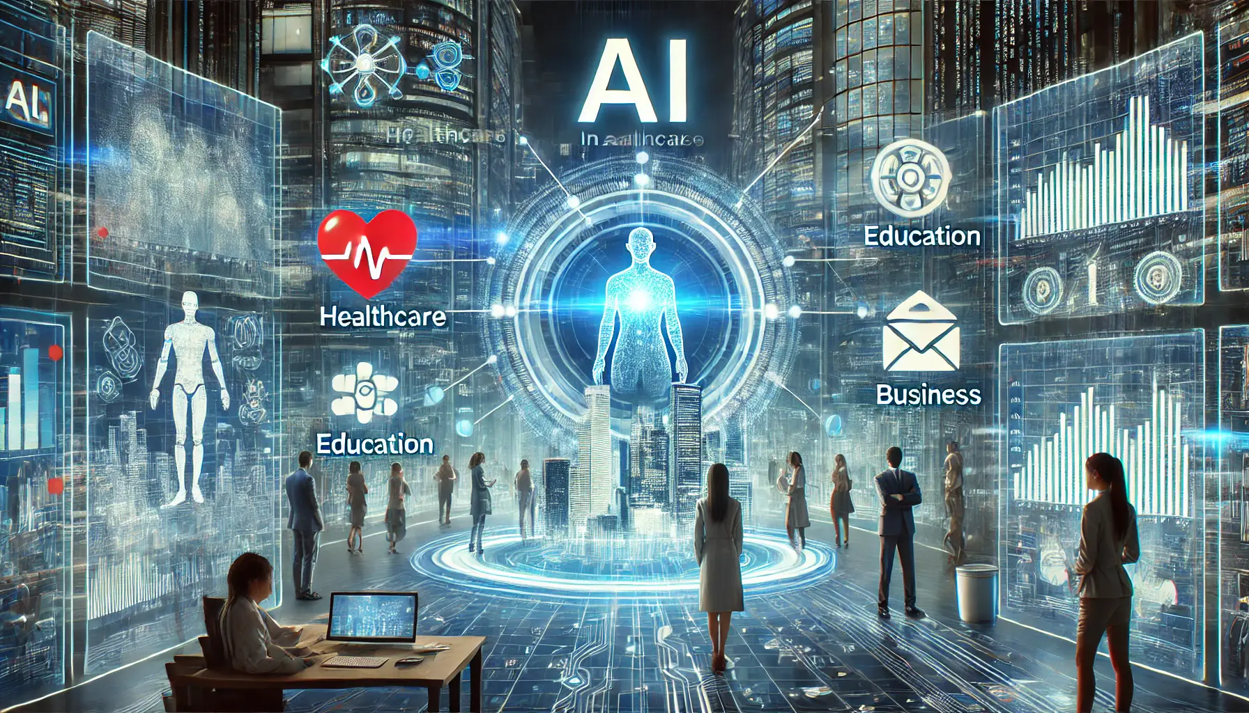 A futuristic AI system impacting various industries such as healthcare, education, and business, with holographic displays showing AI's influence.