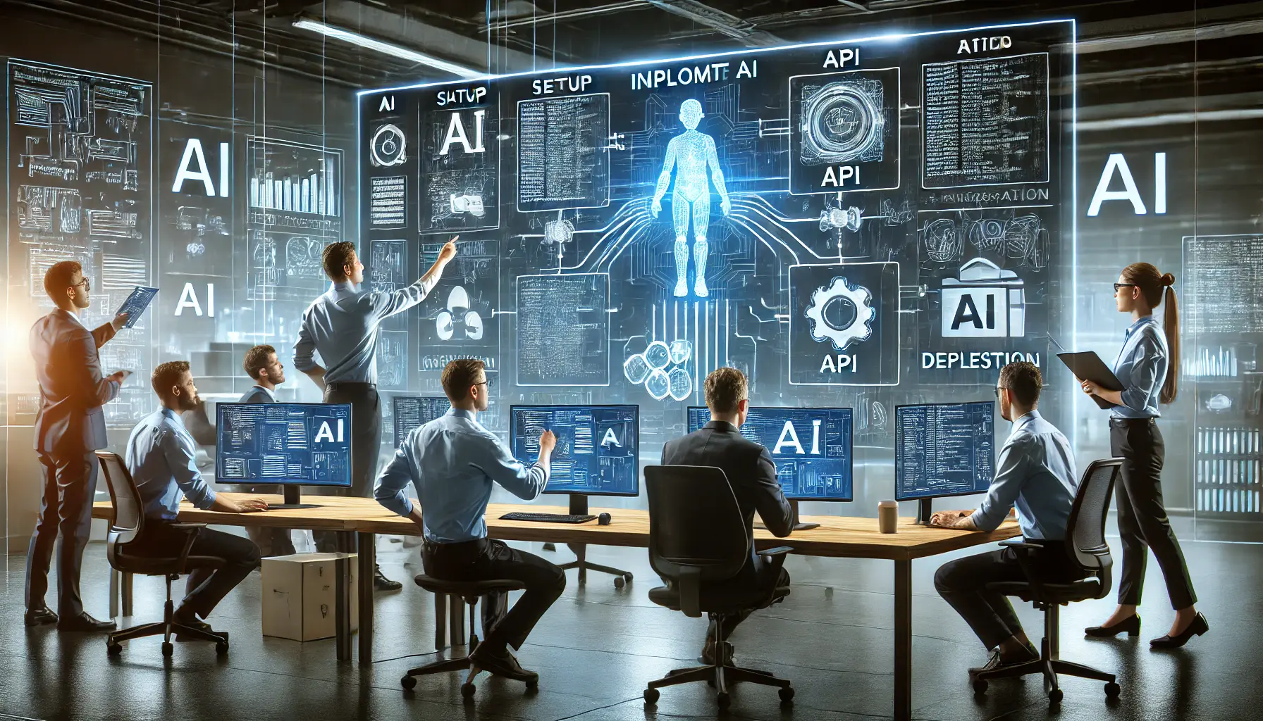 An IT team following a step-by-step process to implement AI, with digital displays showing AI setup, API configuration, and testing stages.