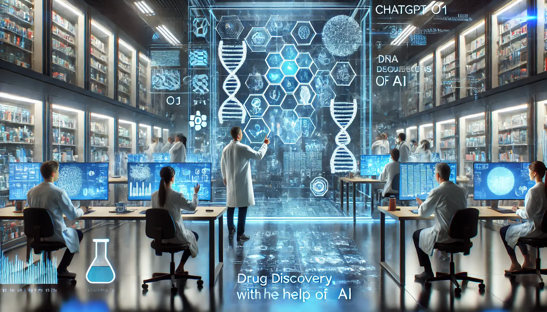 A high-tech biomedical research lab where scientists use ChatGPT o1 for drug discovery, genomic research, and medical diagnostics, with digital displays of biological data and DNA sequences.