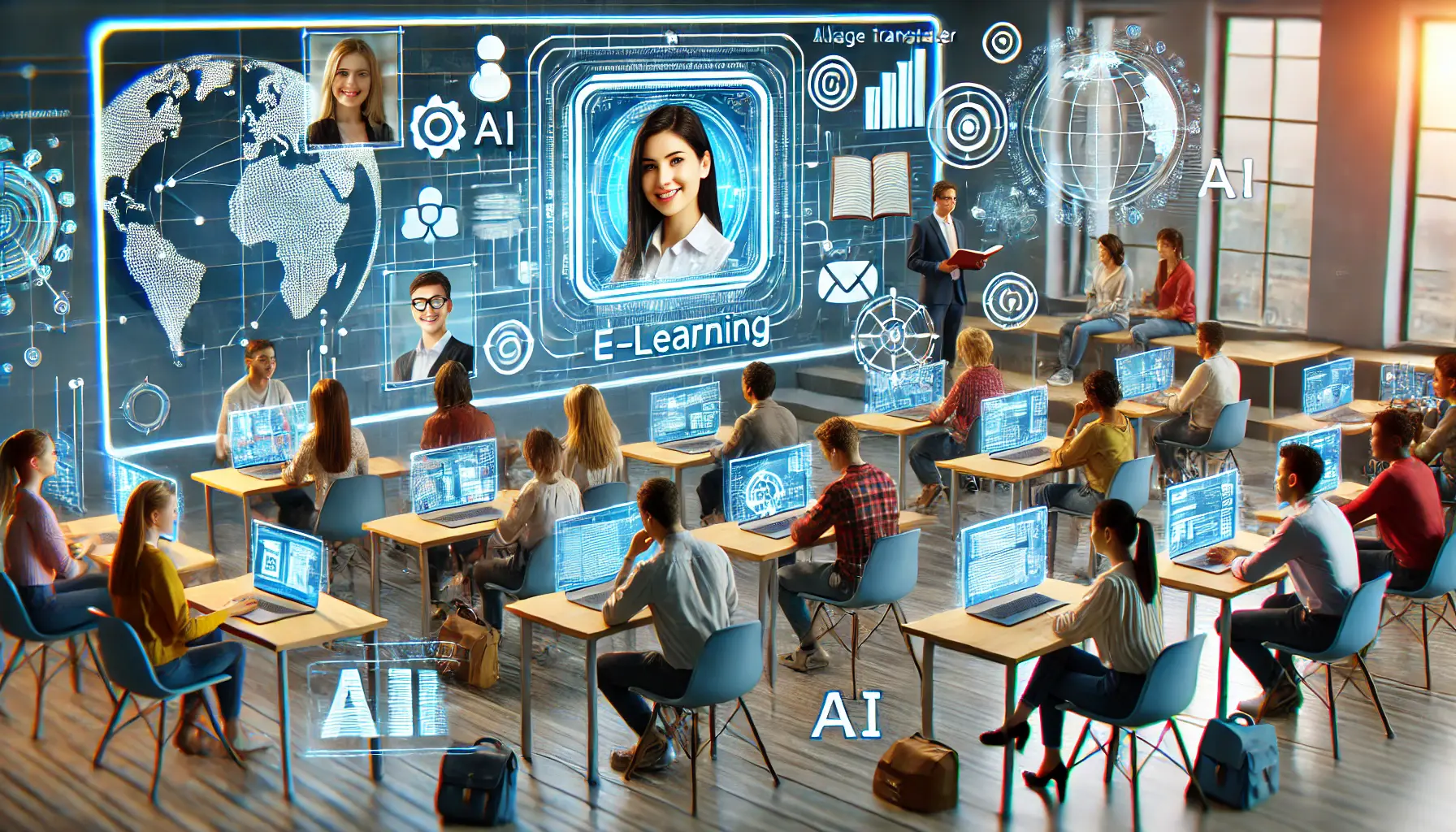 A futuristic e-learning platform powered by AI, with students from diverse backgrounds engaging in virtual classrooms.