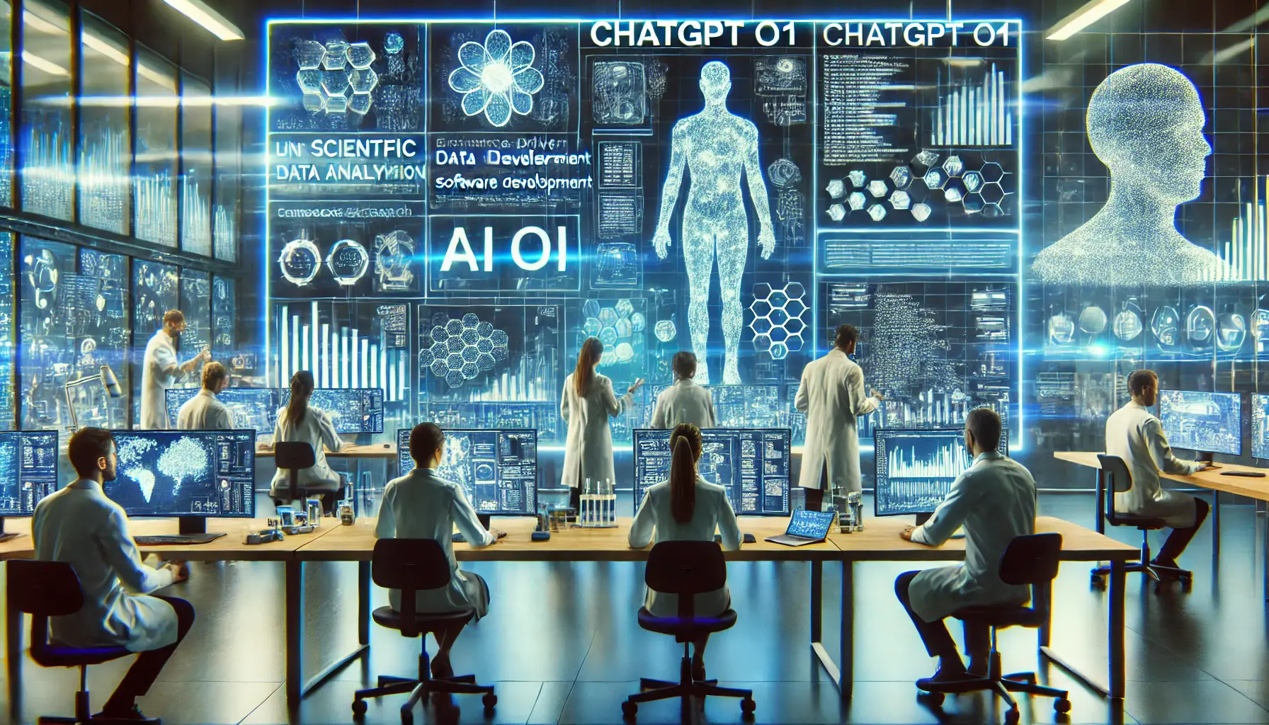 A high-tech AI research lab where scientists use ChatGPT o1 for scientific research, software development, and biomedical innovations.