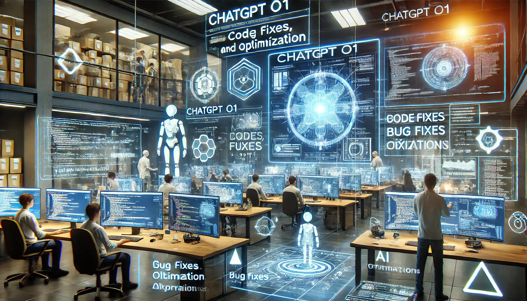 A high-tech software development lab where ChatGPT o1 assists in coding, debugging, and algorithm optimization, with holographic interfaces displaying code.