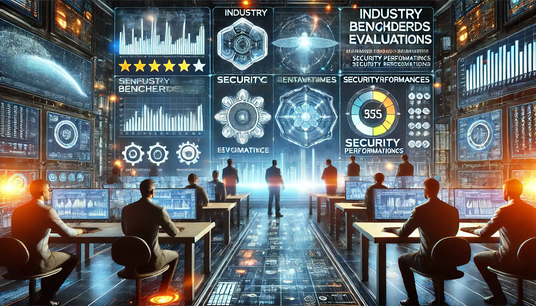 A digital scene showcasing industry benchmarks and evaluations for AI systems, with professionals reviewing performance metrics and security assessments.