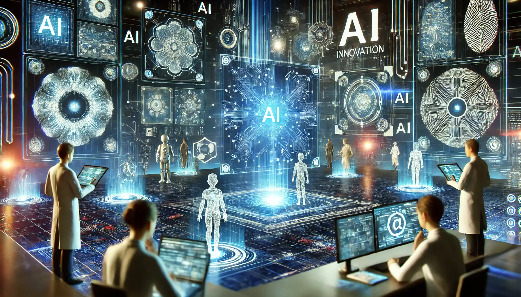 A futuristic AI innovation hub featuring multiple glowing AI cores, holographic neural networks, and scientists analyzing various AI models.