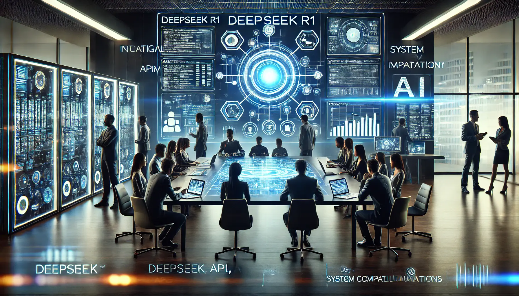 A team of professionals collaborating to implement DeepSeek R1 in a high-tech office environment, analyzing system compatibility and AI integration.