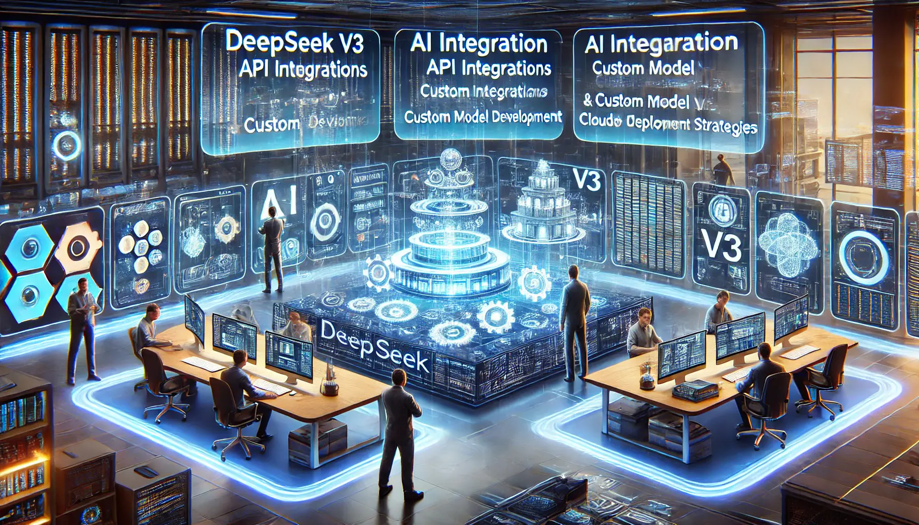 A modern AI integration workspace where engineers implement DeepSeek v3 with strategies such as API integration, custom model development, and cloud-based deployment.