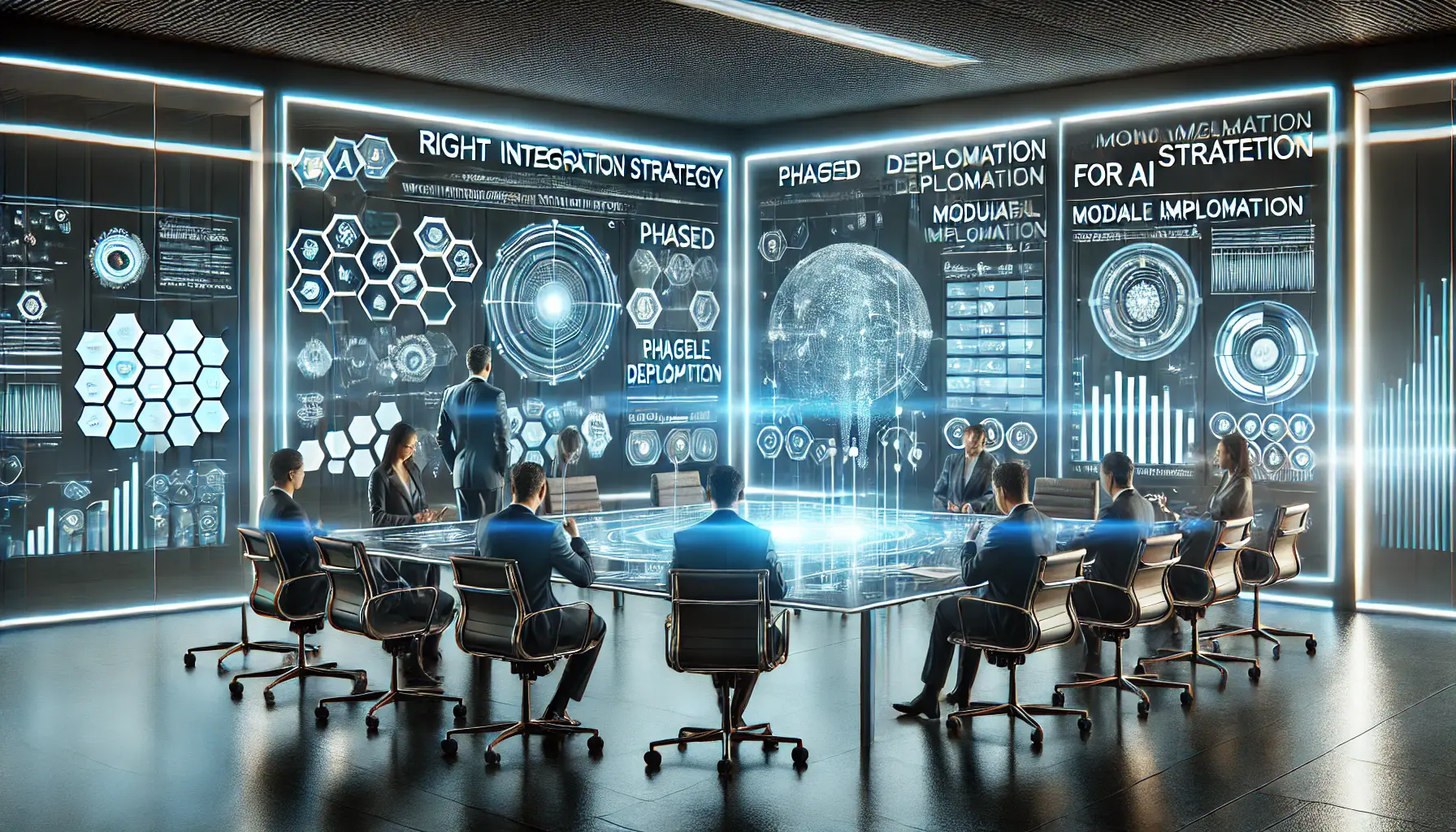 A modern conference room with professionals discussing the right integration strategy for AI systems, using holographic displays.