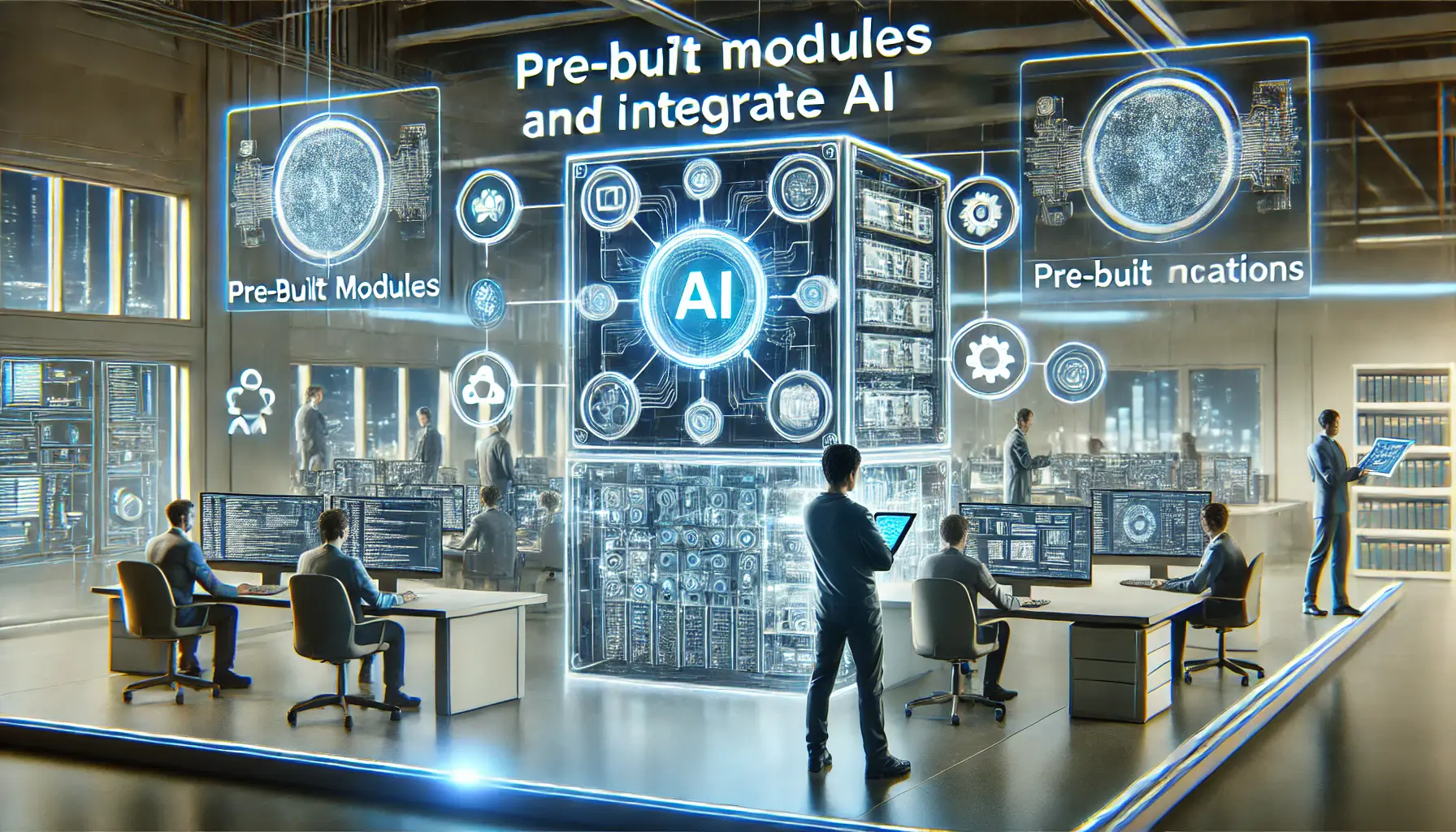 Engineers utilizing pre-built modules and APIs in a high-tech control room for AI integration.