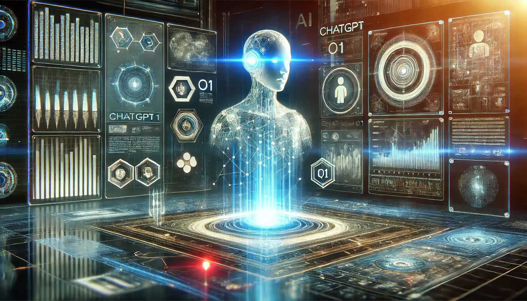 A futuristic AI interface displaying the workings of ChatGPT o1, featuring a digital neural network, holographic AI interactions, and a virtual assistant processing complex queries.