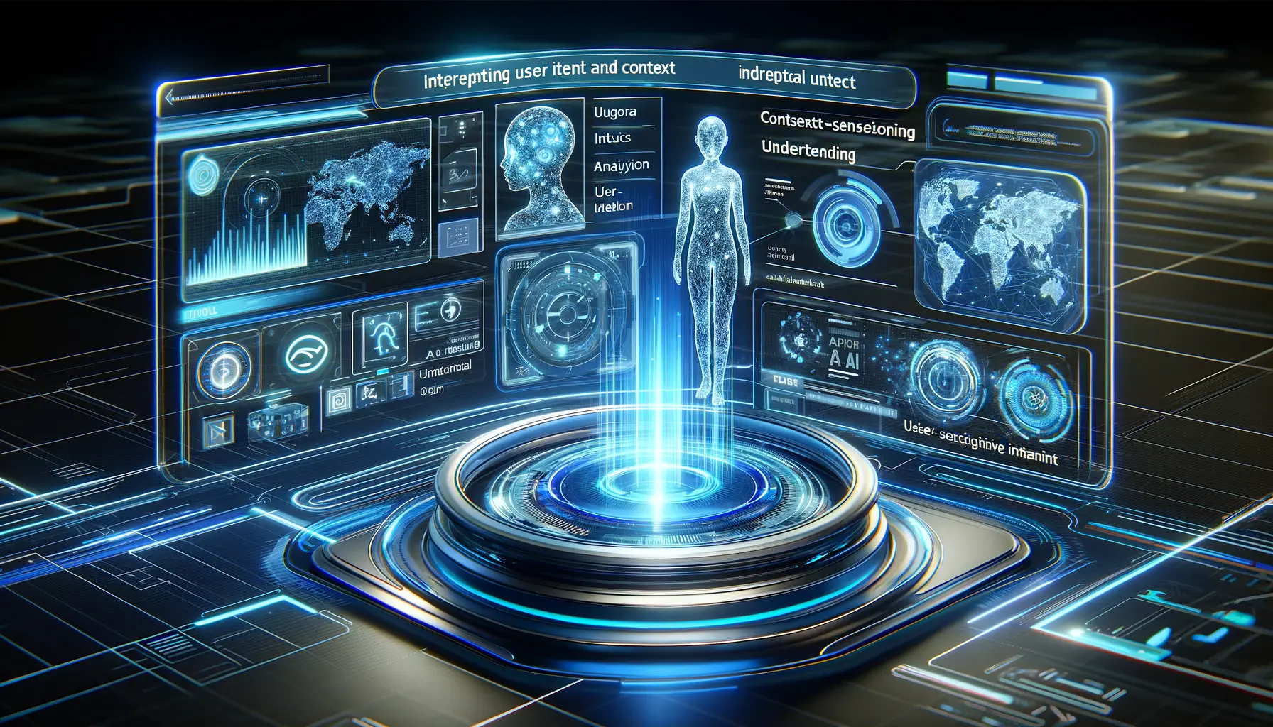 A futuristic AI system analyzing user intent and context with holographic data streams and dynamic representations of decision-making.