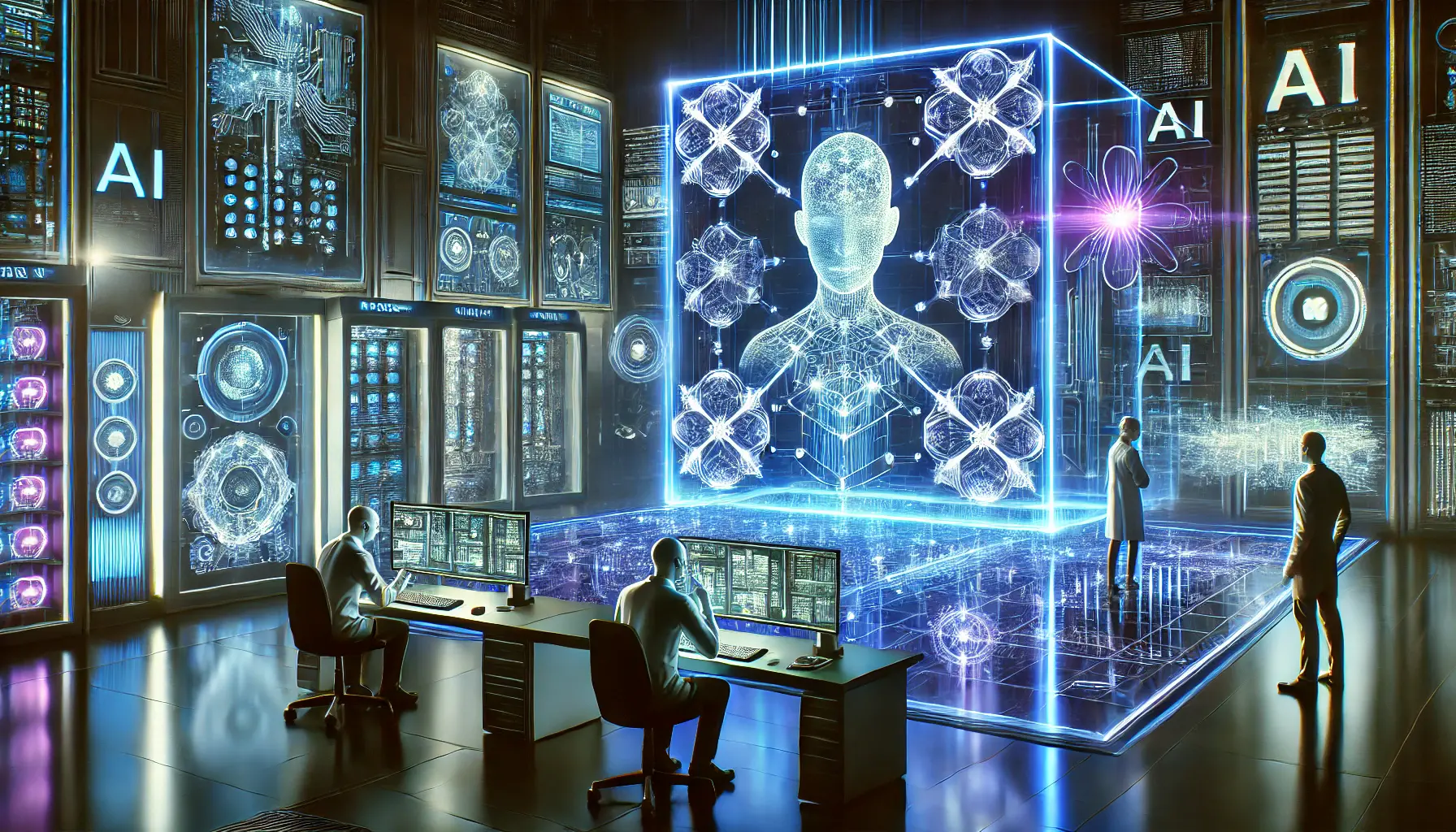 A futuristic AI laboratory featuring glowing quantum processors, an intricate neural network display, and a holographic interface analyzing AI algorithms.