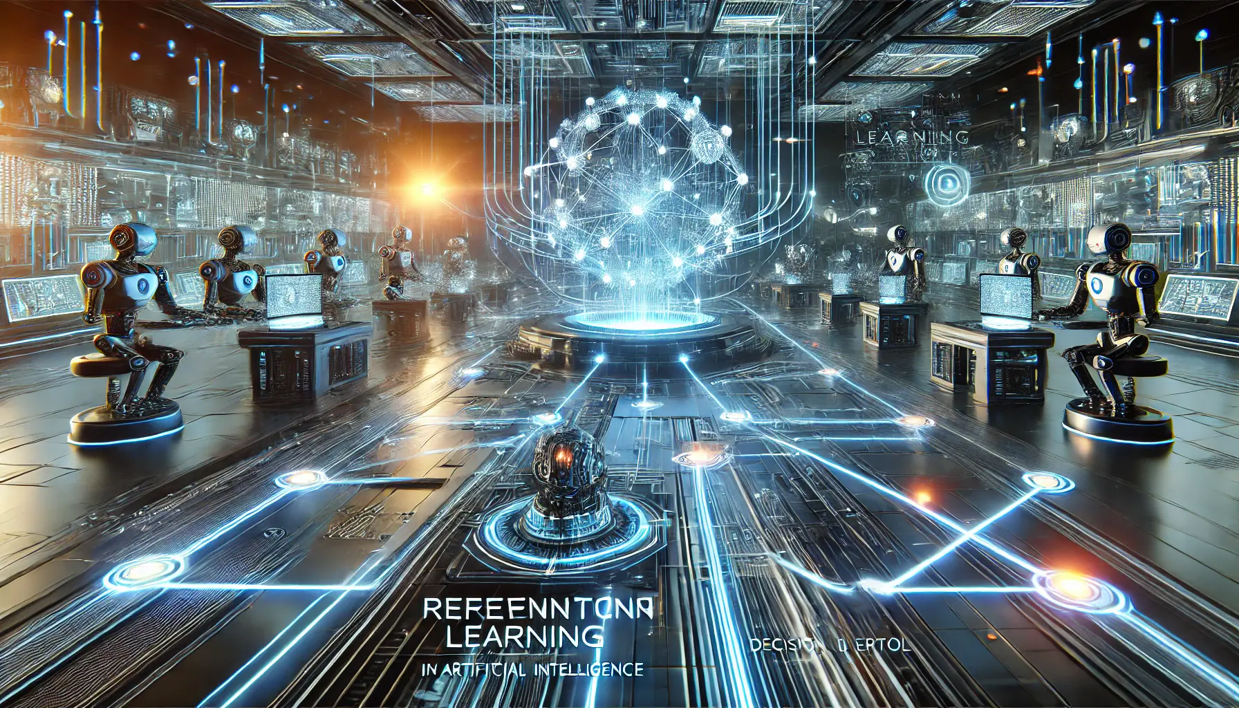 A futuristic AI-driven environment with a robotic system learning through trial and error, depicted with glowing decision paths and interconnected neural networks.