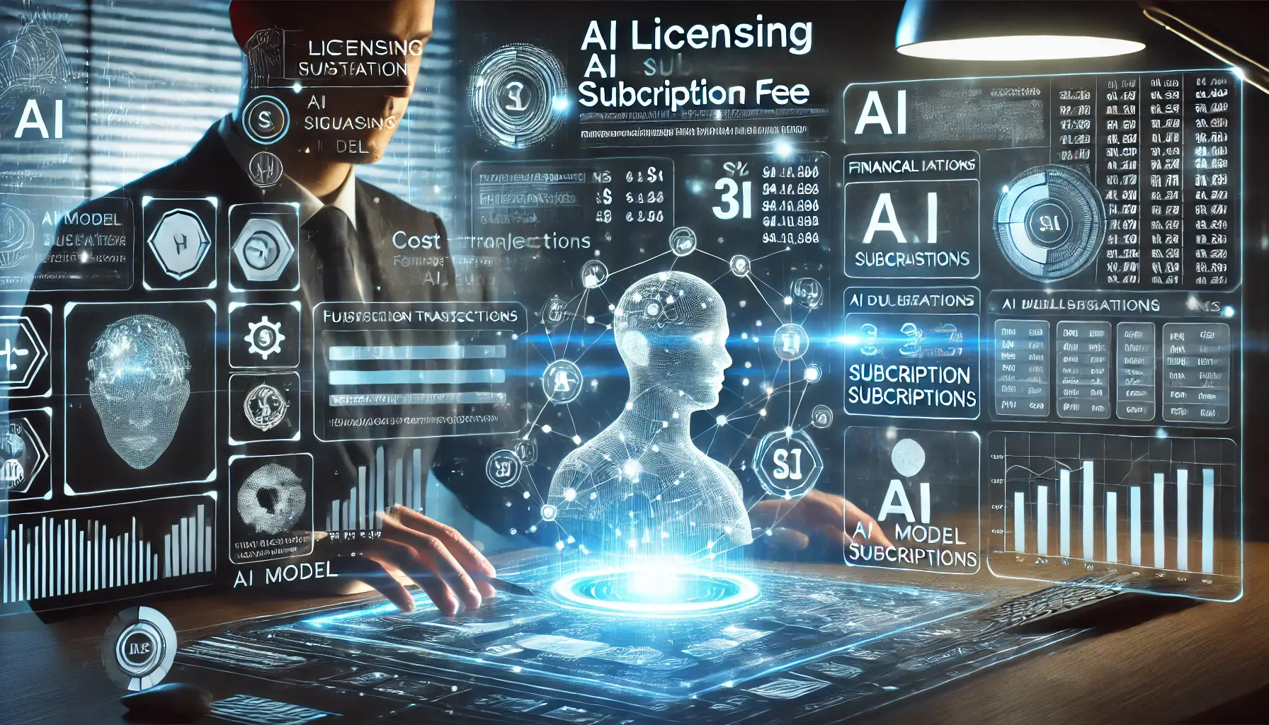 A high-tech digital workspace displaying a holographic financial dashboard with AI licensing and subscription fee details.