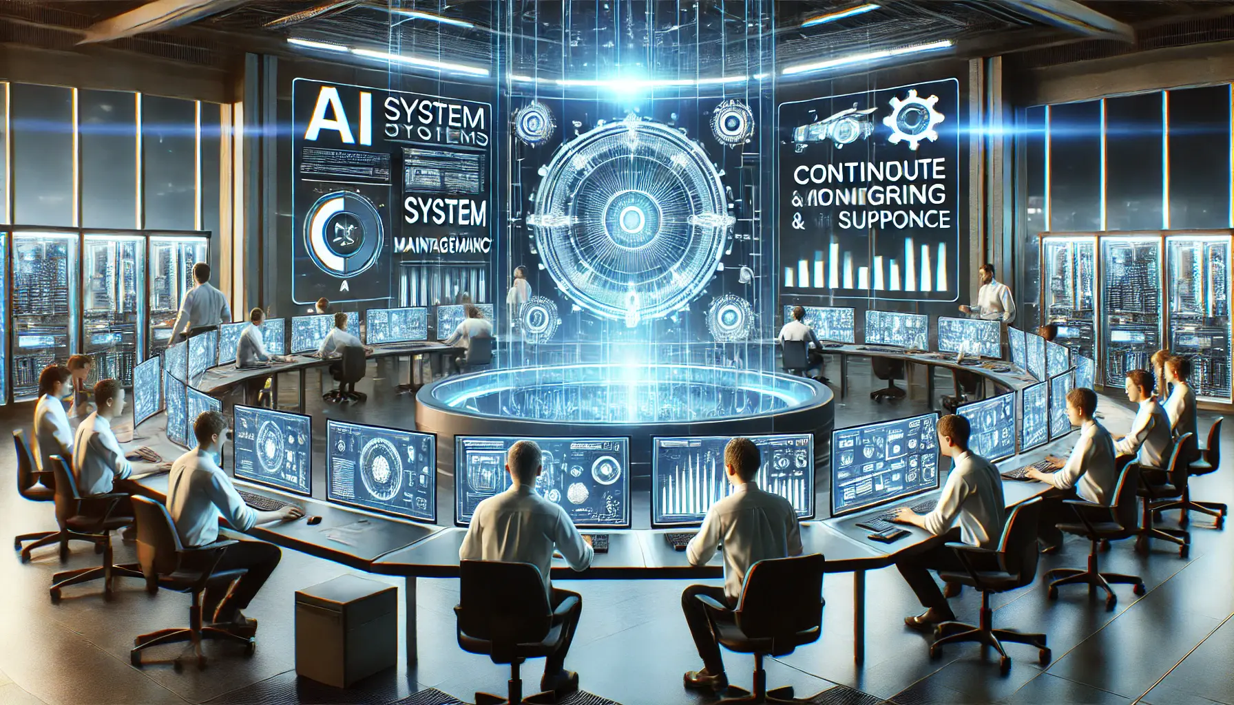 A high-tech control room with engineers monitoring holographic dashboards displaying AI system diagnostics and automated maintenance updates.