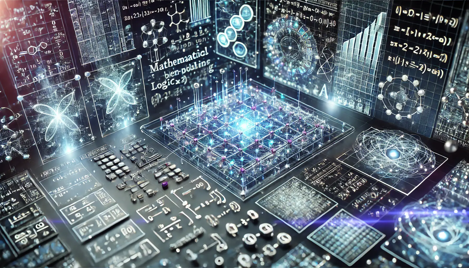 A futuristic AI system visualizing mathematical problem solving, logic puzzles, and numerical reasoning with glowing nodes and data pathways.