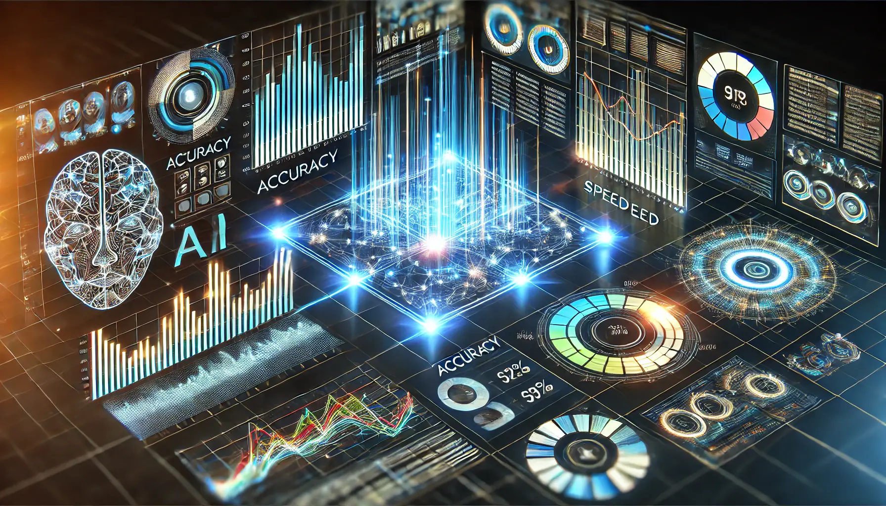 A digital benchmarking interface displaying data charts and graphs comparing AI model performance across various metrics.