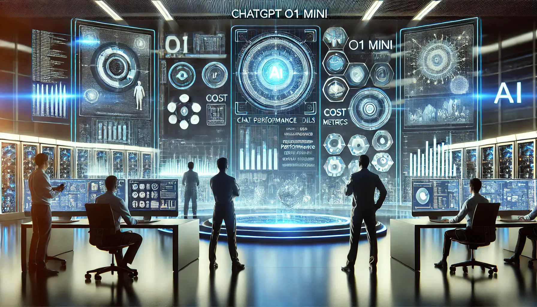 A high-tech control room with engineers comparing multiple AI models, including ChatGPT o1 mini, using holographic screens displaying performance indicators.