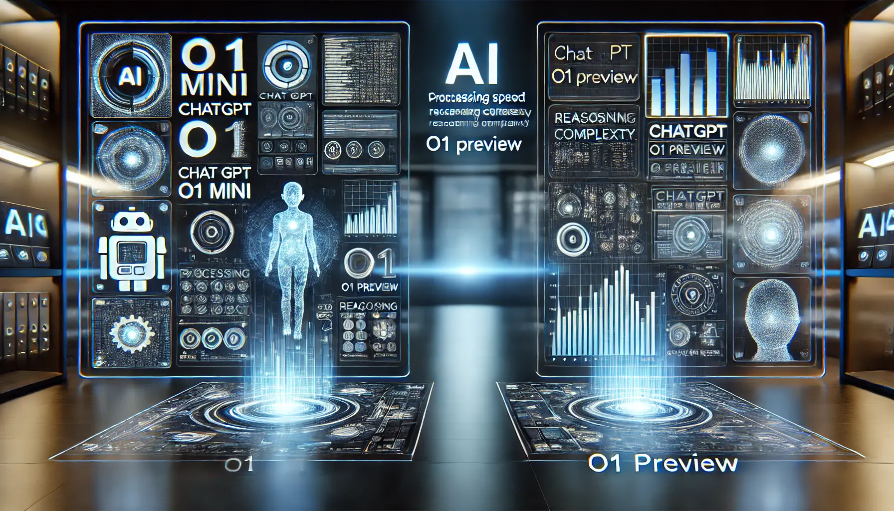 A futuristic AI comparison interface displaying two advanced AI models with holographic visualizations of their capabilities.