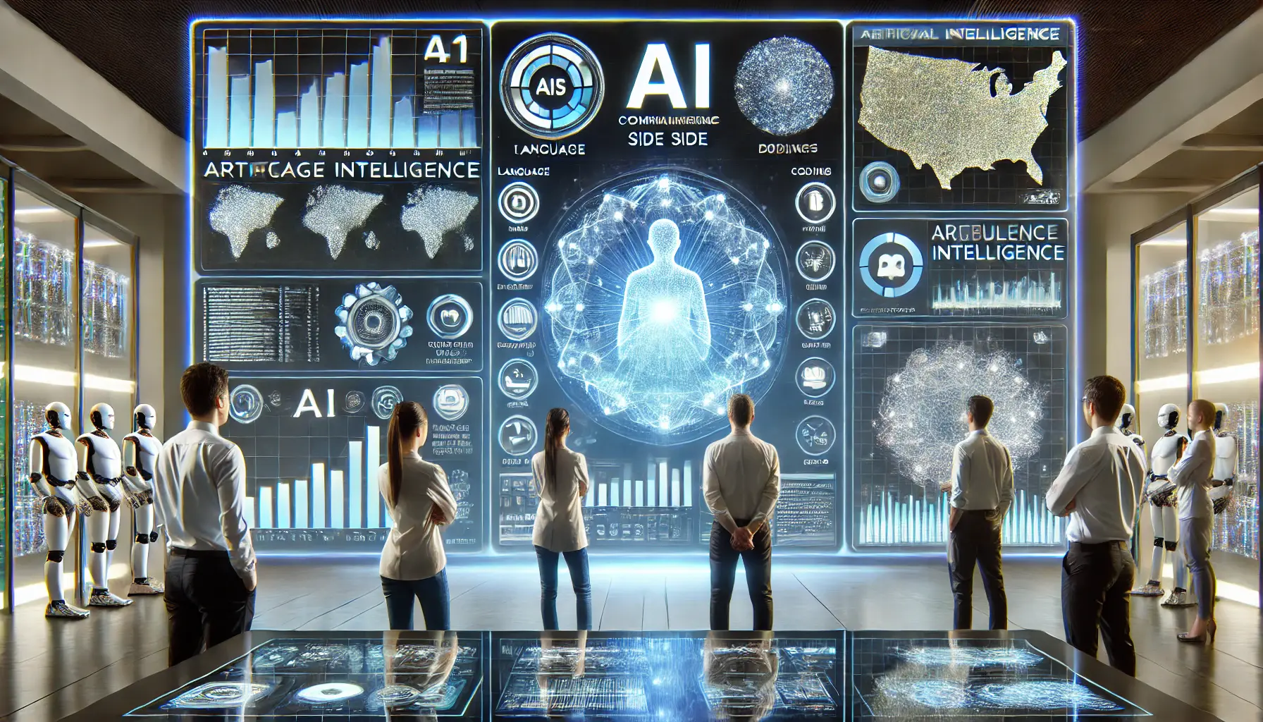 A futuristic AI comparison interface with a holographic dashboard showing multiple AI models being evaluated side by side. Researchers analyze performance metrics on a large transparent screen, with neural network visualizations in the background.