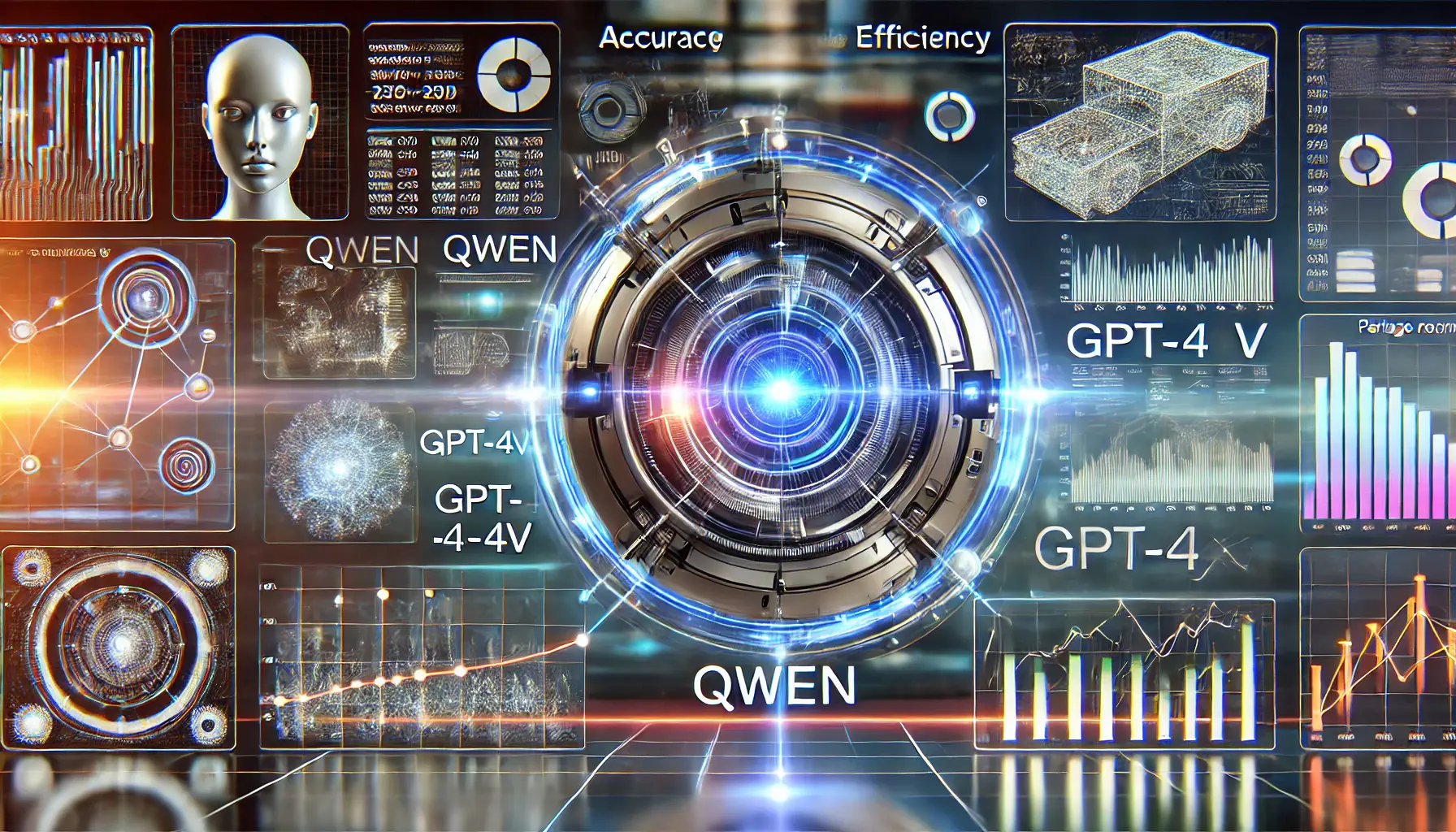 A high-tech AI system comparing performance metrics of models like Qwen, GPT-4V, and Gemini in image recognition tasks.