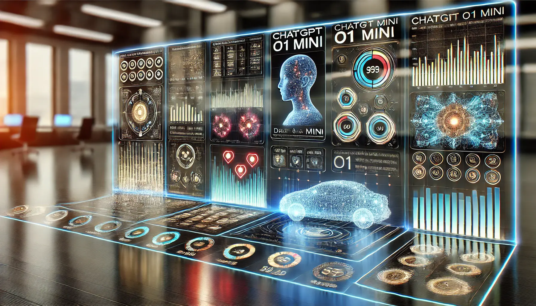 A futuristic environment comparing multiple AI models, displaying performance metrics and capabilities on holographic interfaces.