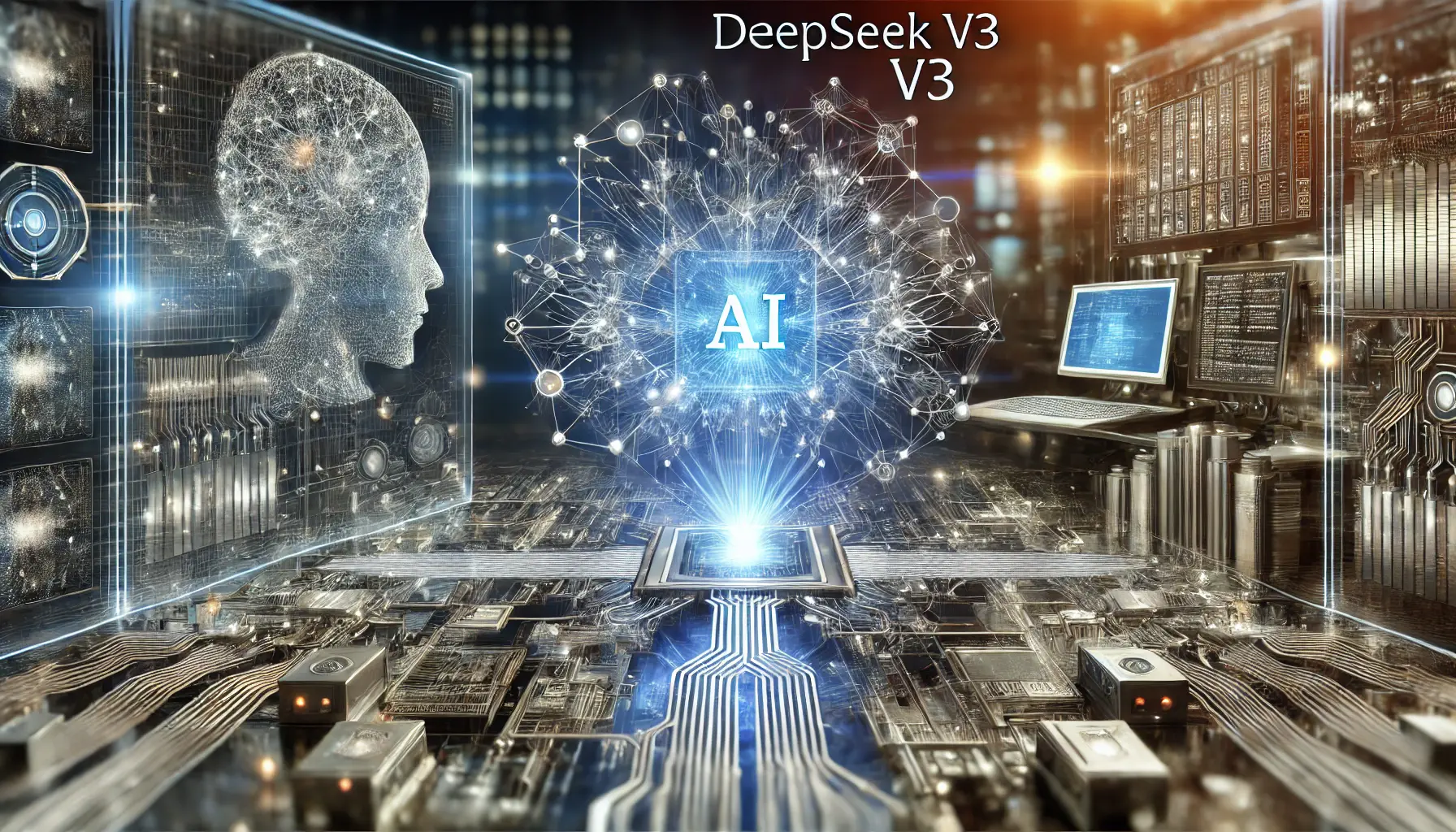 A futuristic AI model representation featuring interconnected neural networks and advanced data processing.