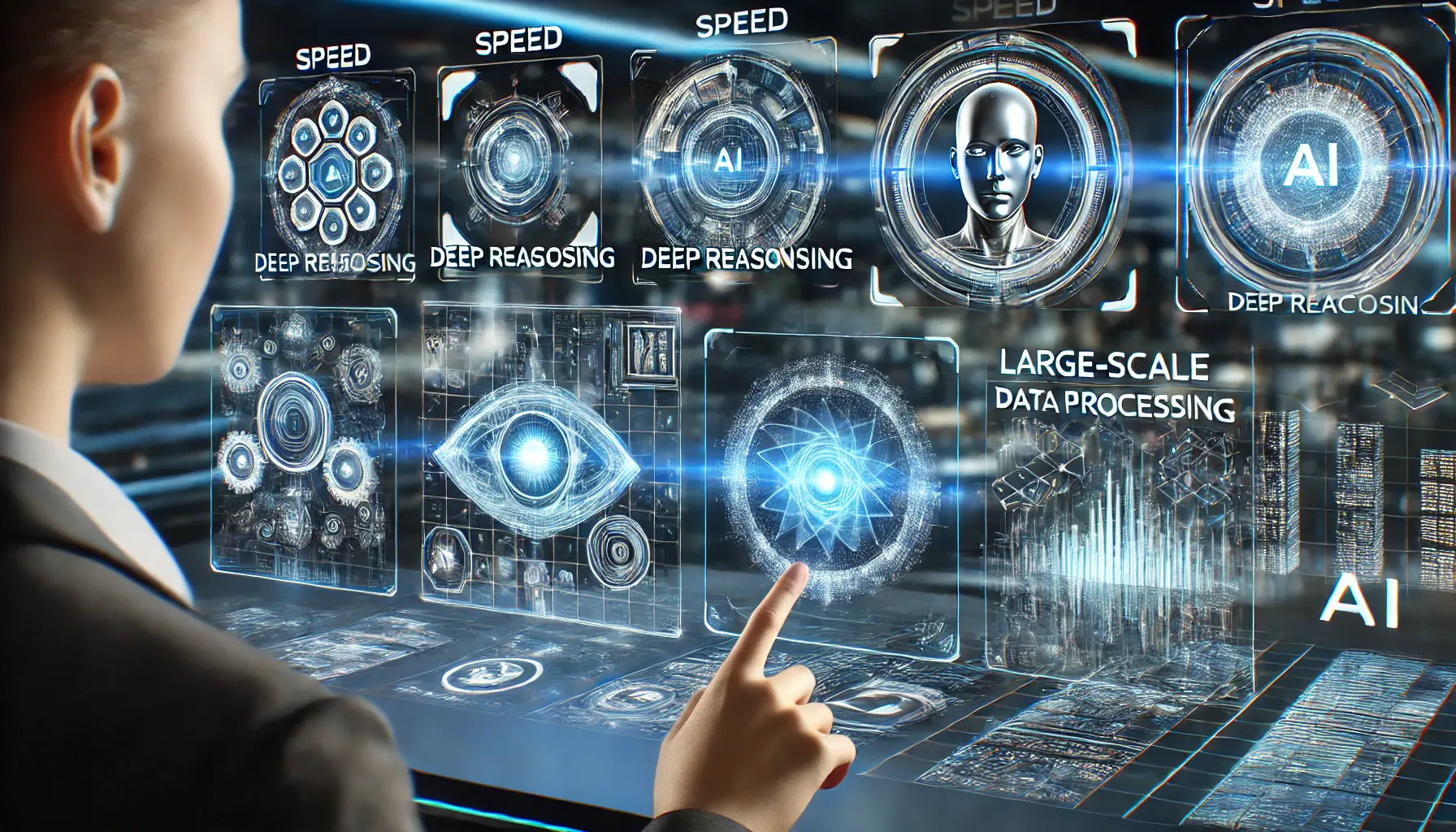 A futuristic scene comparing different AI models with holographic visualizations of their unique capabilities.