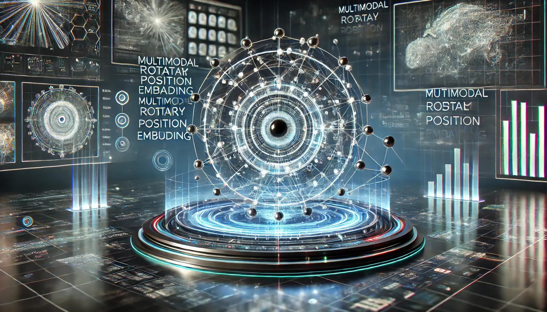 A futuristic AI system analyzing spatial and temporal data using Multimodal Rotary Position Embedding (M-ROPE), with interconnected neural nodes in a circular pattern.