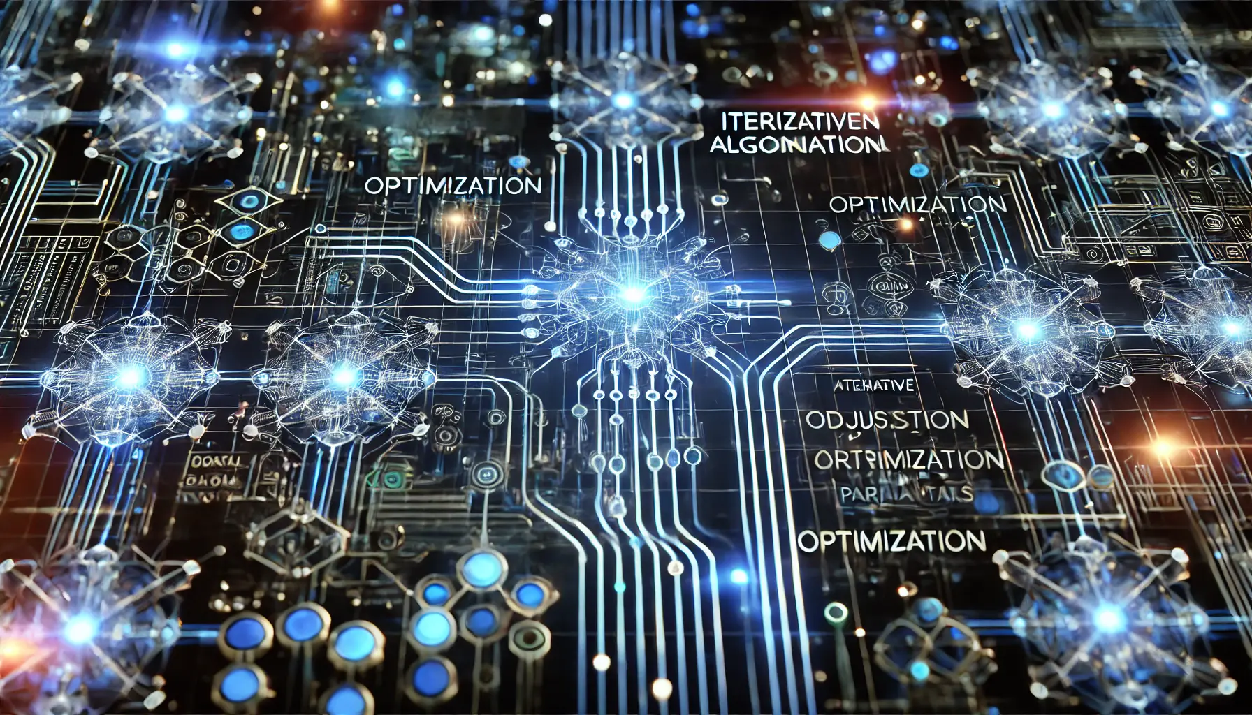 A futuristic visualization of optimization algorithms, showing dynamic data pathways and neural circuits adjusting model parameters.