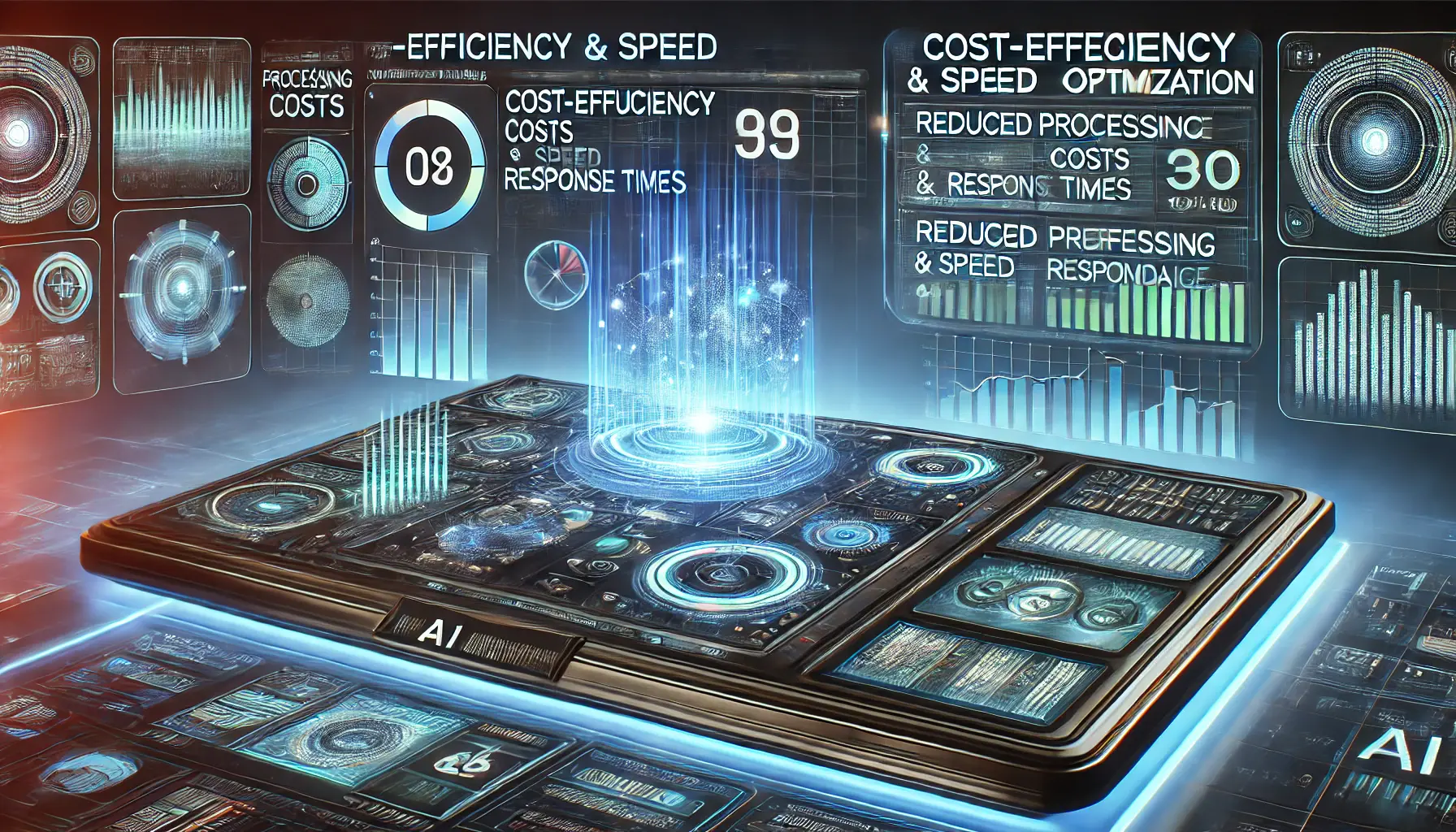 A futuristic AI-powered digital interface displaying cost-efficiency and speed optimization with holographic charts.